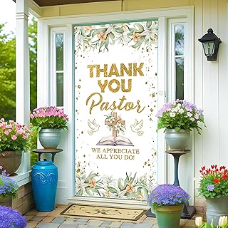 Lofaris Thank You Pastor Door Cover Banner, 6x2.9ft (185x90cm) Church Appreciation Decoration with Golden Glitter Lettering, Floral Cross & Dove Design