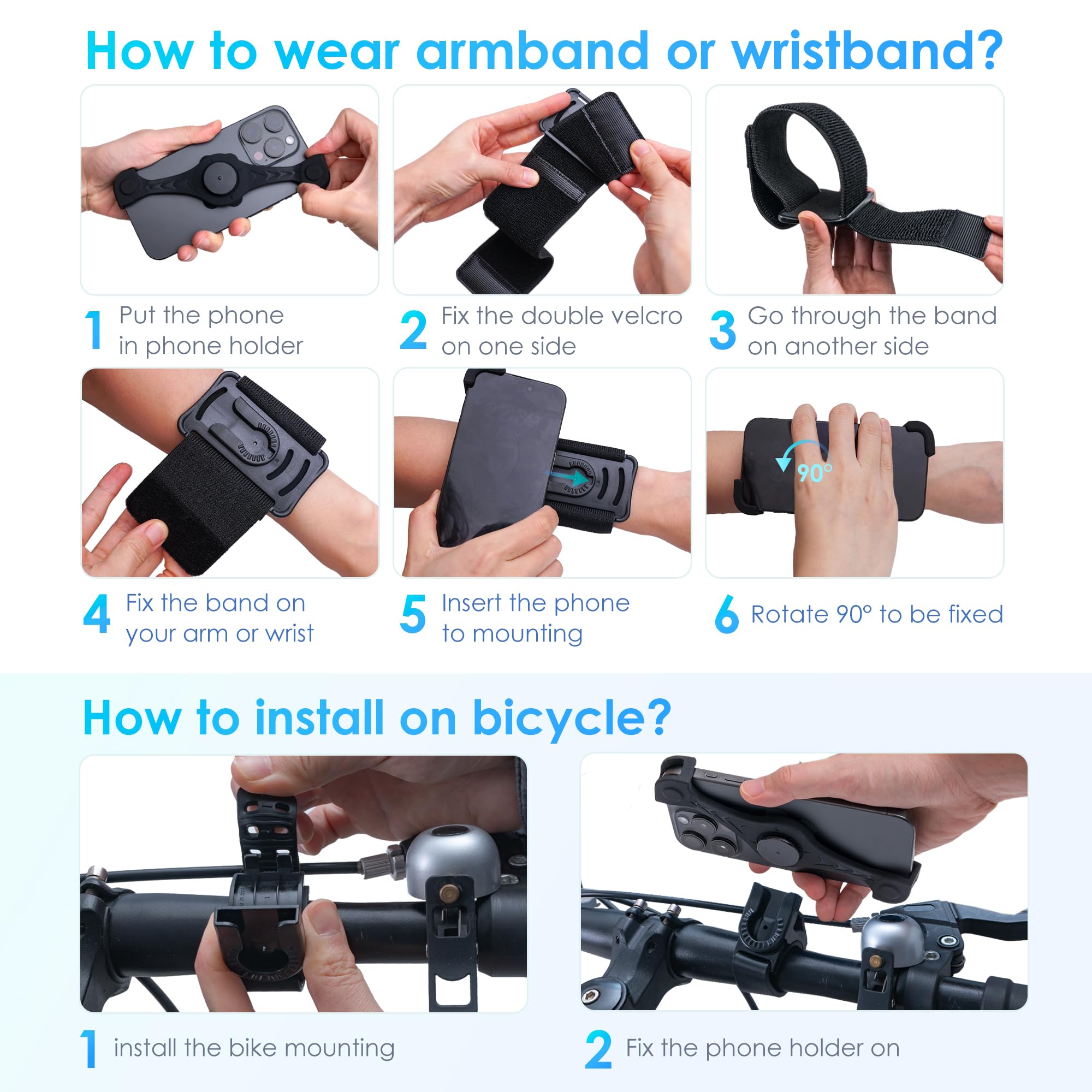 Cikyner Fascia da braccio girevole 3 in 1, supporto per telefono da corsa rimovibile per iPhone da 11,4 a 17,8 cm, palestra, escursionismo