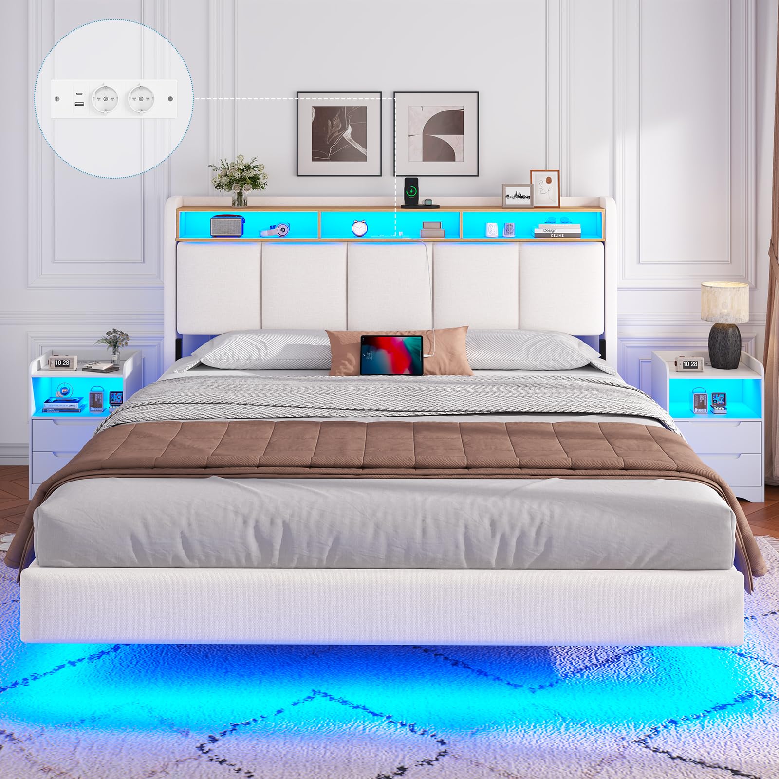 Letto Matrimoniale 180x200cm Fluttuante, Testiera Imbottita, LED e Ricarica
