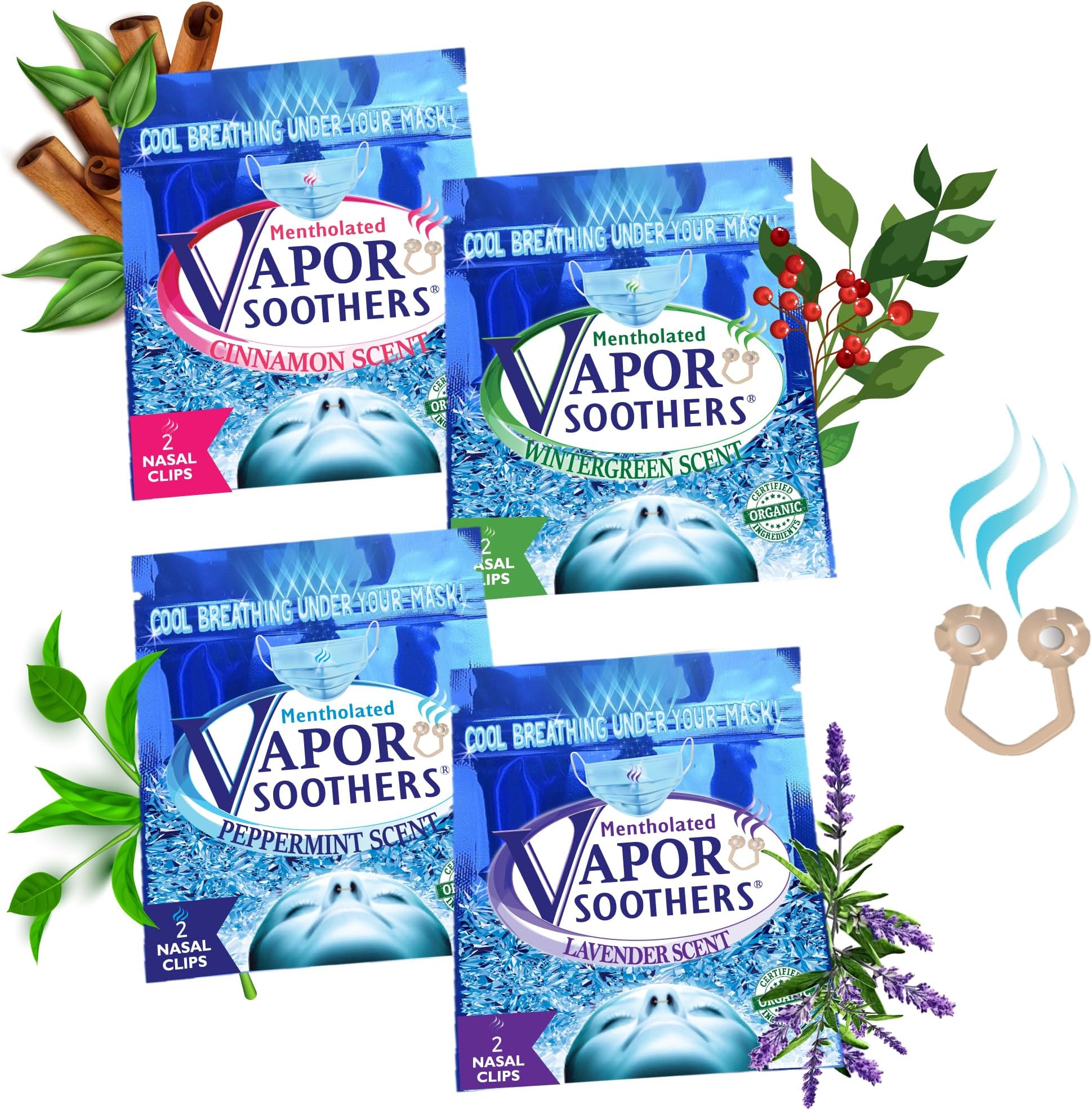 Nasal Dilators by Vapor Soothers | Scented Nose Rings for Nurses | Nose Clips for Cool & Easy Breathing | Instant Nasal Congestion Relief, Drug-Free | 4 Scent Variety Pack