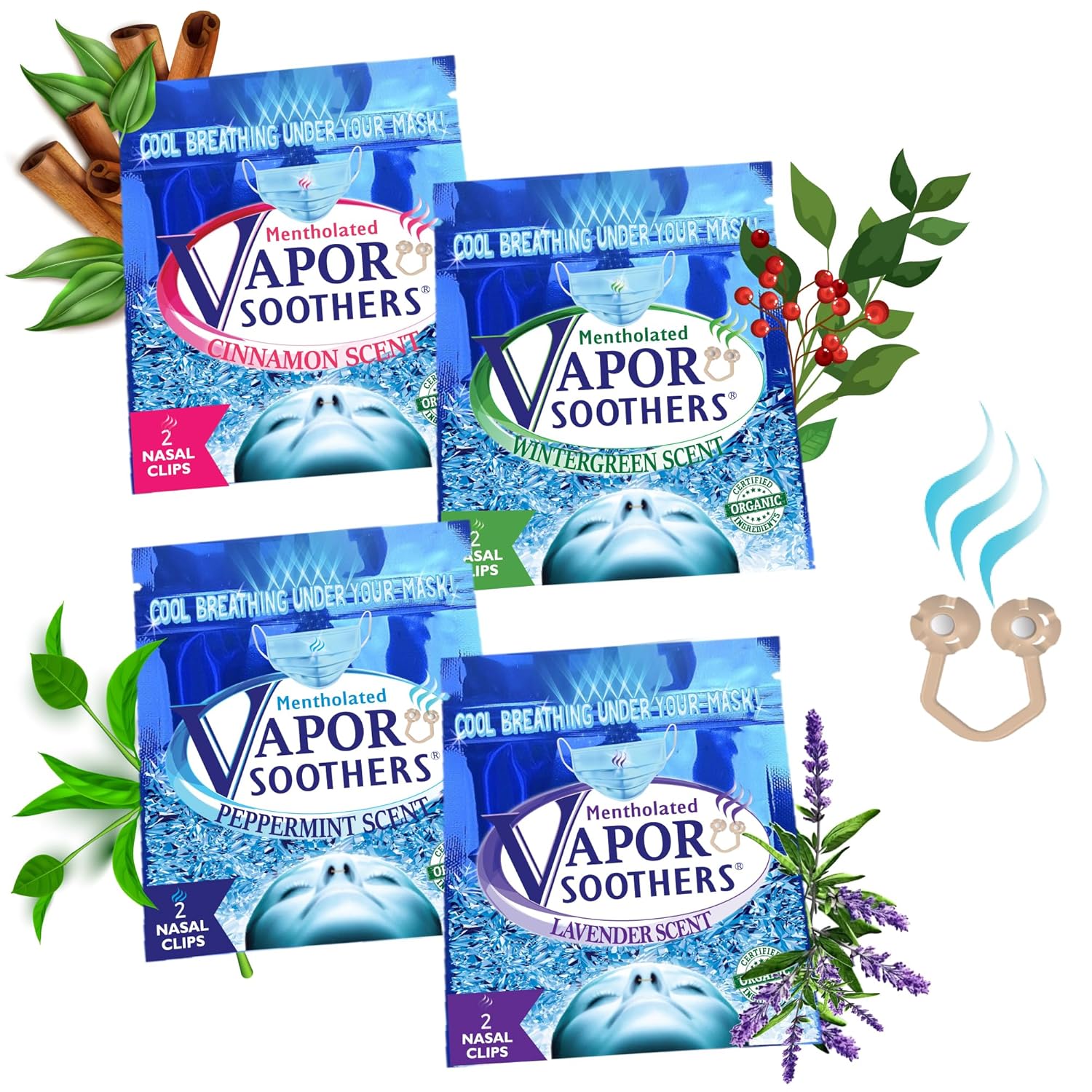 Vapor Soothers Nasal Dilator Clips Cool Easy Breathing Under Your Mask 4-Scent Variety Pack Peppermint Wintergreen Cinnamon Lavender
