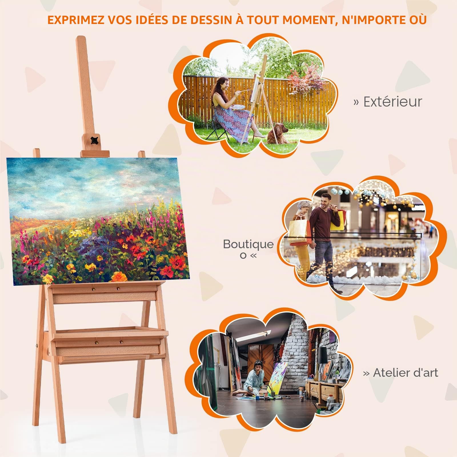 LIFEZEAL Chevalet Peinture avec Tiroir, Chevalet en Bois de Hêtre, Hauteur Réglable 43 x 41,5 x 157-200 CM, Chevalet Tableau d’Artiste sur Pied, Naturel