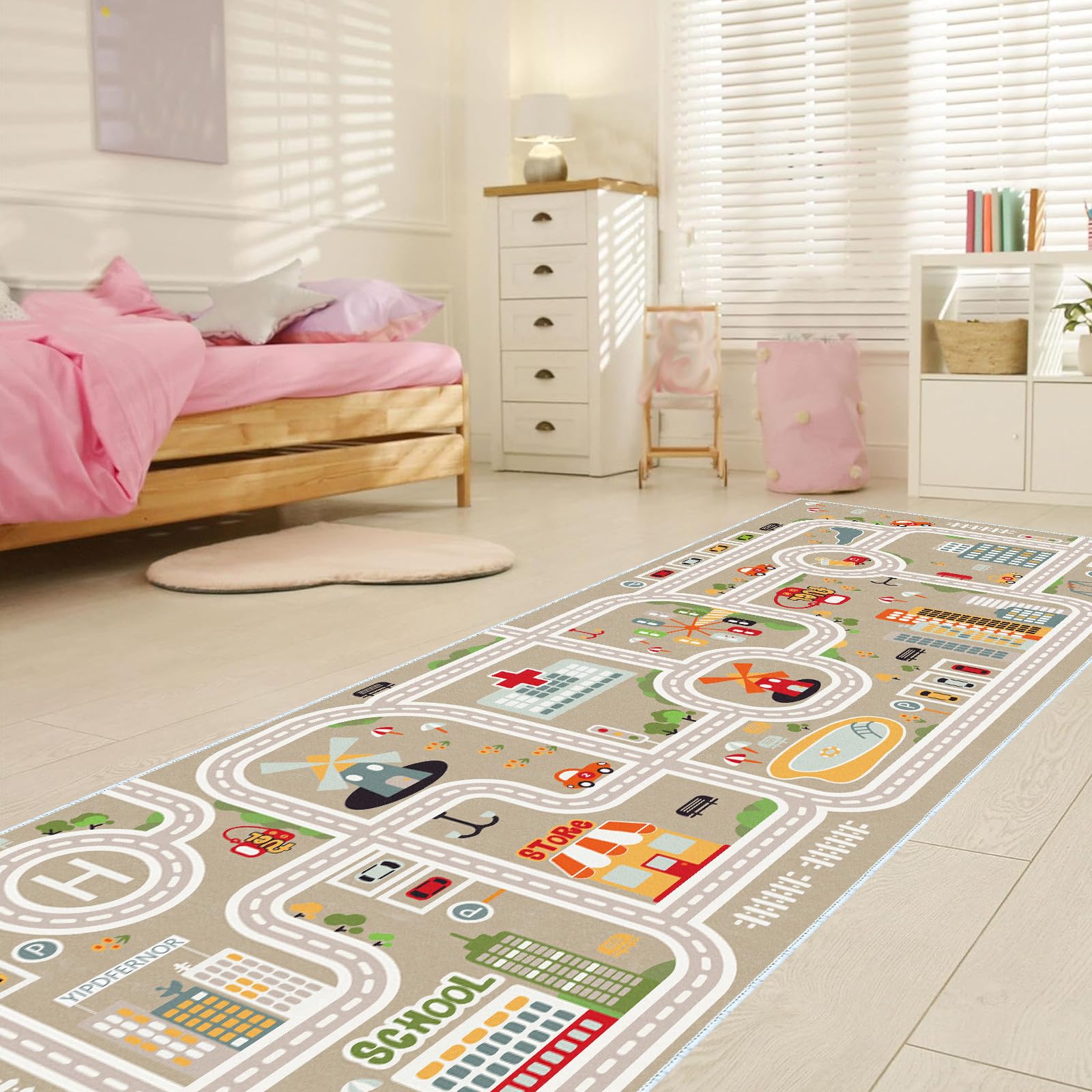 Kids Car Train Rug, 2' x 4' Boys Play Carpet, Floor Mat Playmat for Playroom Bedroom Kids Toddler Room?Non Slip Rug Backing (Grey, 2' x 4')