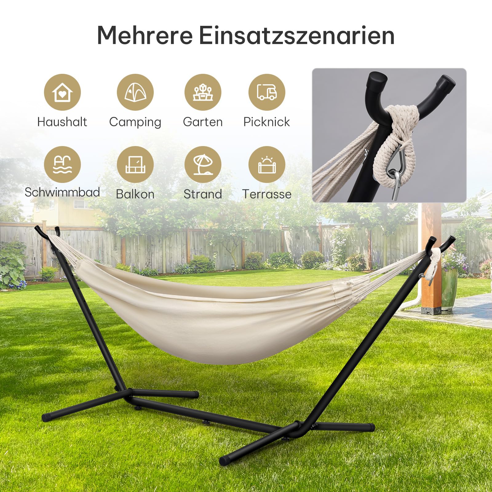 Laneetal Hängematte mit Gestell,Hängematte Indoor & Outdoor, Doppel für 2 Personen, 250 kg belastbar,mit Tragtasche, für Indoor Schwimmbad Terrasse Hof Garten Balkon (Beige, 280 * 106 * 100cm) Garten