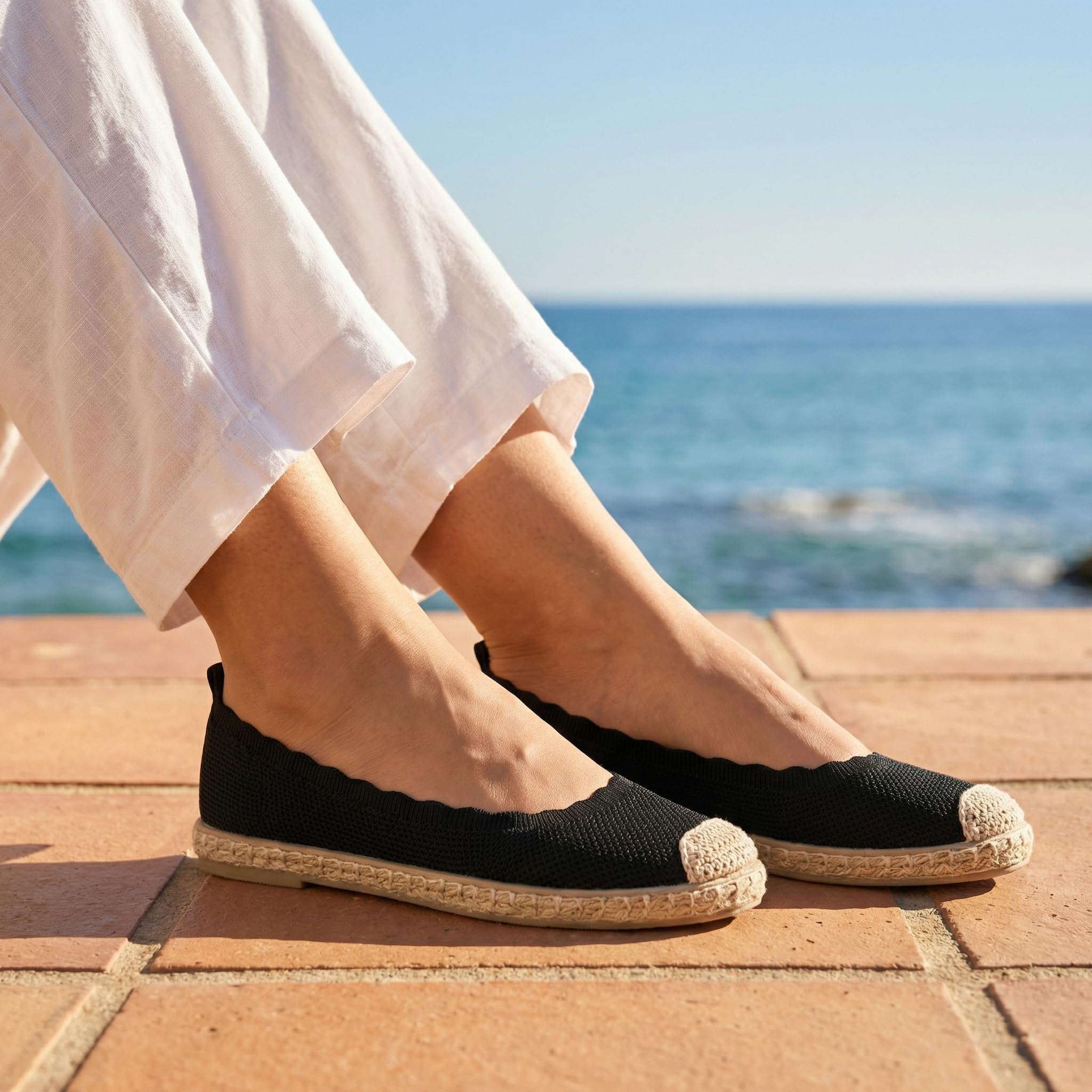 GLAMORA Alpargatas Mujer de Punto Transpirable con Suela de Goma Efecto Esparto, Zapatos Planos Tipo Bailarinas Manoletinas Cómodas Slip On, Alpargatas Mujer Ligeras Punta Redonda