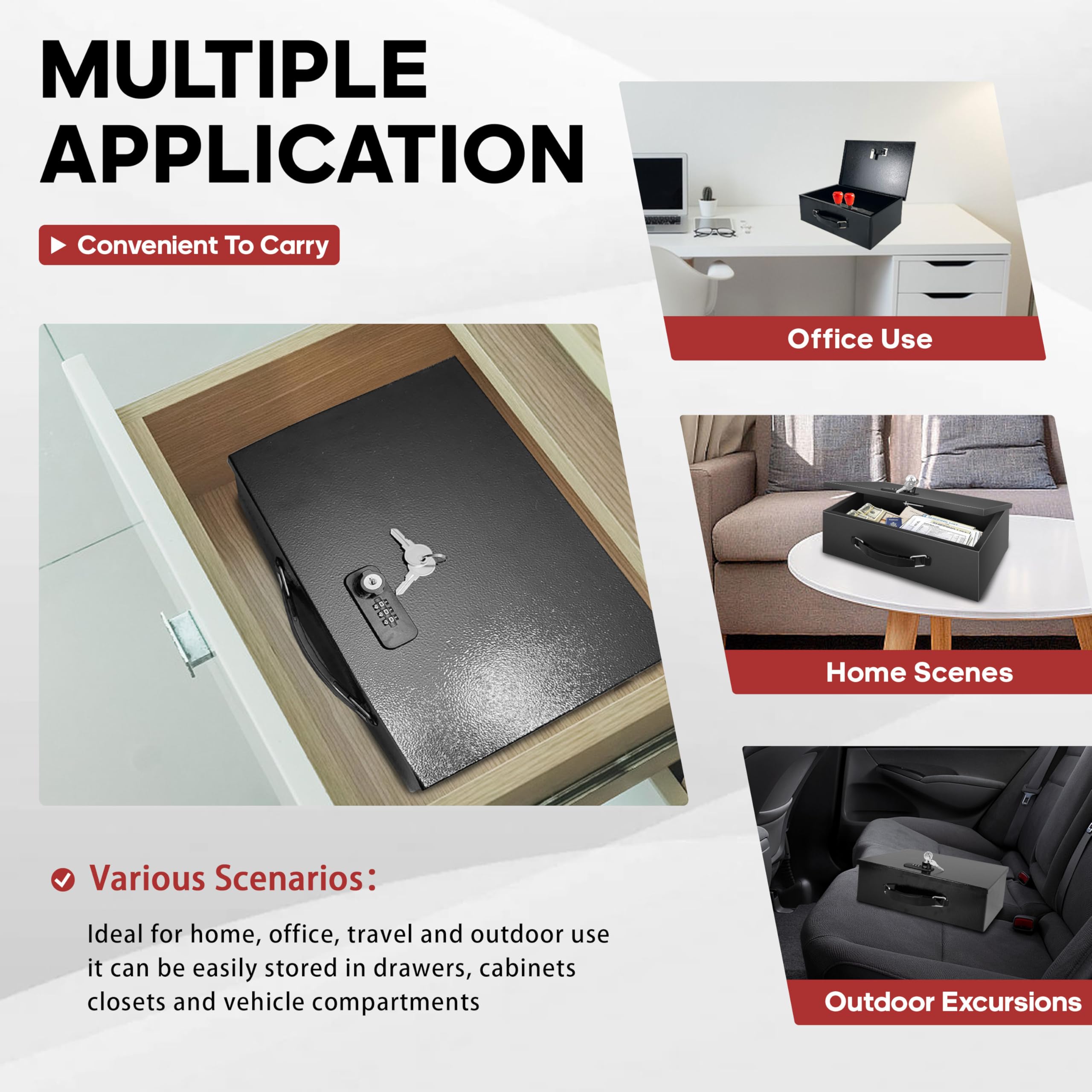 YIYITOOLS Caja de seguridad ignífuga con llave y cerradura de combinación, caja de documentos resistente al fuego, portátil, ignífuga, impermeable, segura para el hogar, oficina, viajes