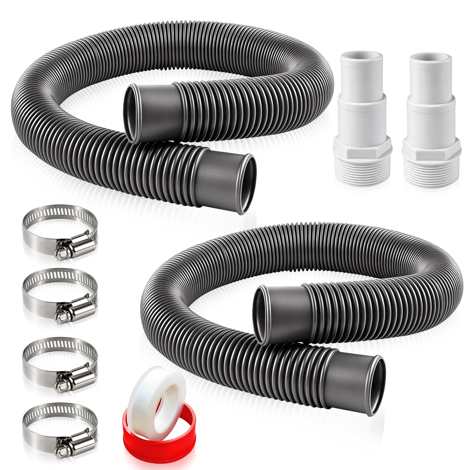 Photo 1 of 1.5" Heavy Duty Pool Filter Pump Hose Replacement Kit for Above Ground Pools, UV-Resistant Flexible Vacuum Hose with 1.25/1.5'' Adapters & Stainless Clamps, Fits For Intex/Coleman Pumps (2-Pack, 3ft)