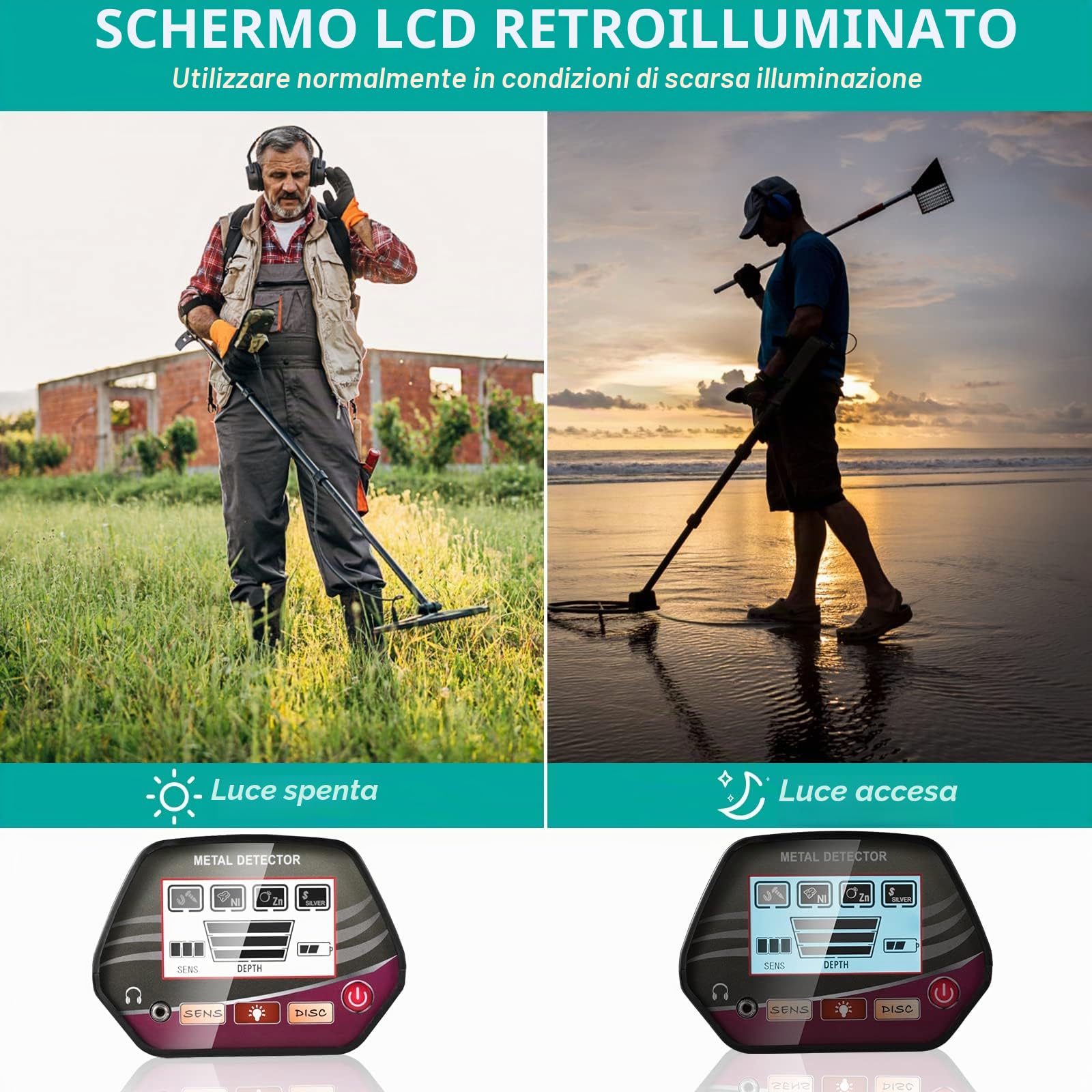 Metal Detector Regolabile ad Alta Precisione Impermeabile 33-43 Pollici Metal Detector con Display LCD per Bambini e Adulti Rilevatore d'Oro Profondità di Rilevamento 34 cm