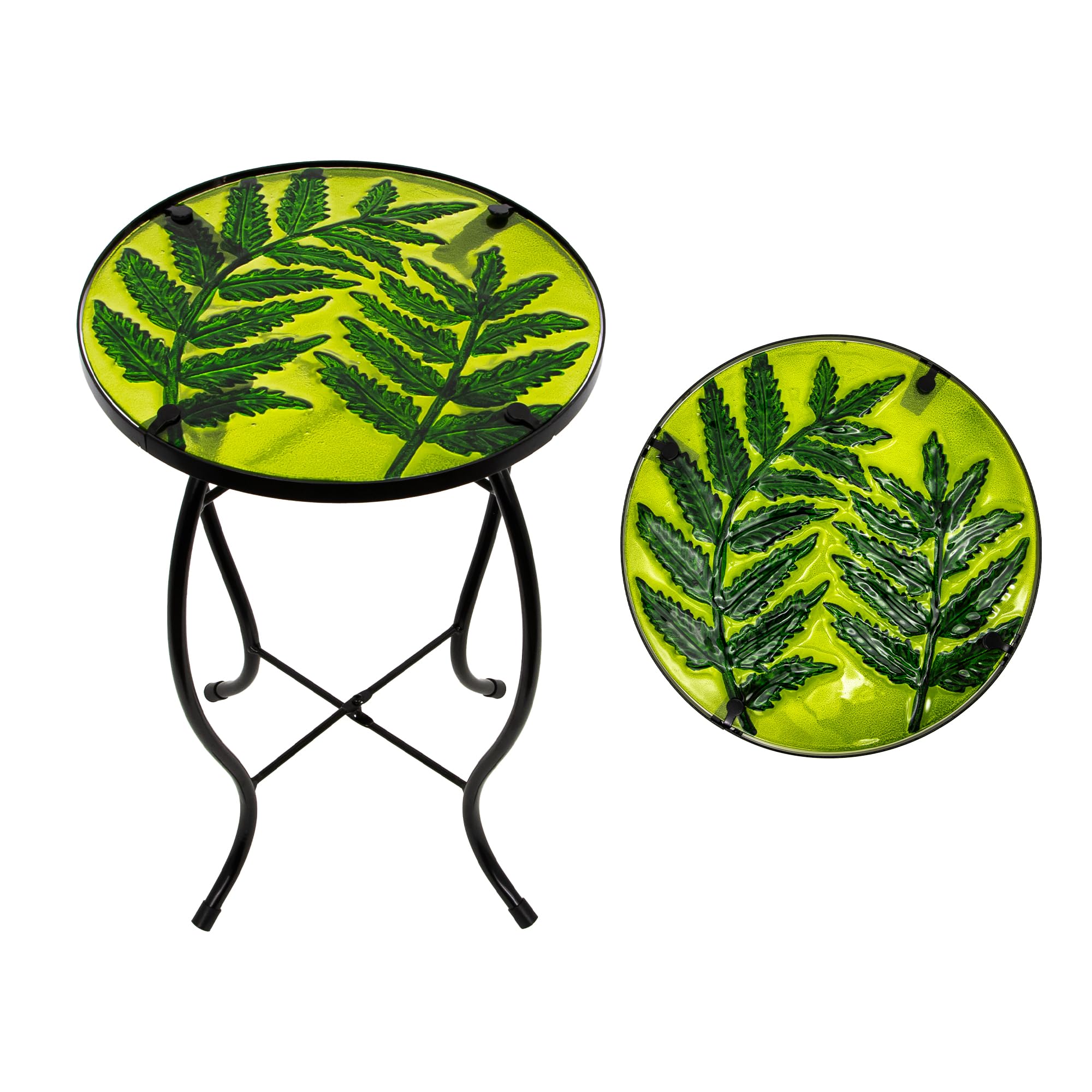 Weibefee Subtropical Leaf Small Patio Table,Outdoor Side Table,Outdoor Bar Table,Metal Glass End Table for Porch Garden Yard Pool Living Room