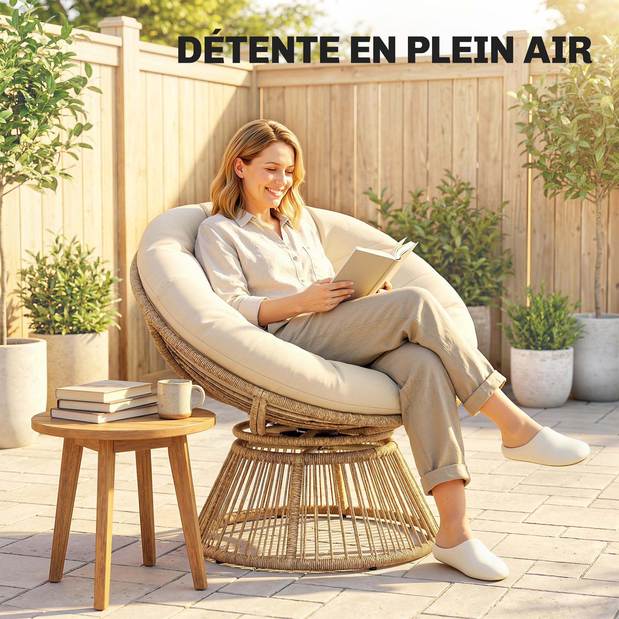 Outsunny Fauteuil Papasan Pivotant 360° avec Coussin Moelleux 12cm Fauteuil de Jardin en Polyrotin et Acier Siège Rond Relaxation pour Salon, Terrasse et Balcon Naturel