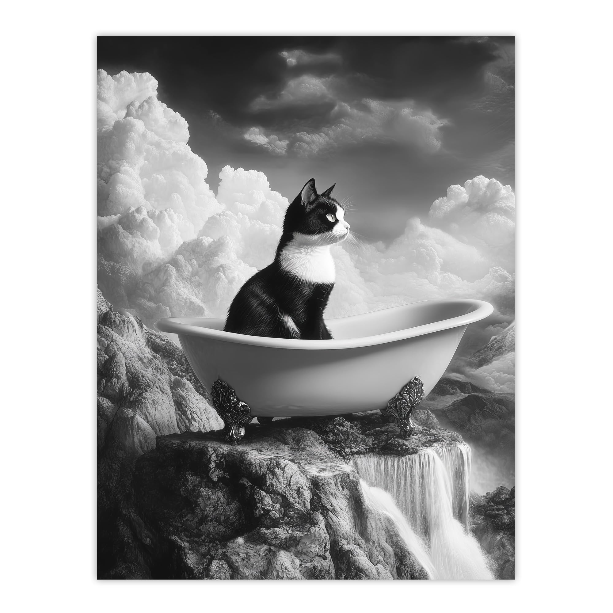 Artery8 Cat Lover Kitten Bathtub Waterfall Cliff Surreal Bathroom Toilet Extra Large XL Wall Art Poster Print