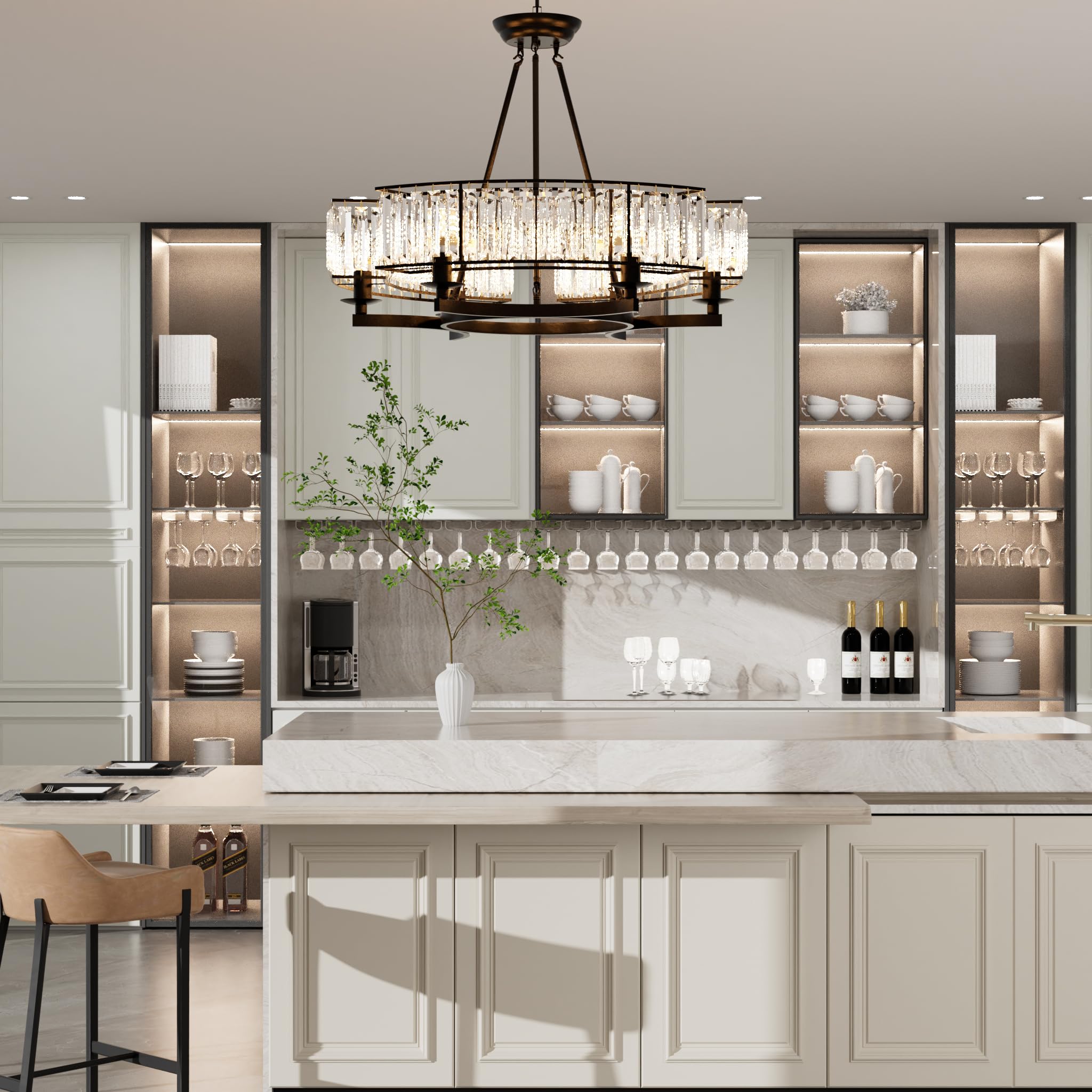 Vrygle Industrial Crystal Chandelier: 60cm Round Luxury Ceiling Pendant Light Fixture with 6 Bulbs 3 Lighting Colors Matte Black Metal Frame for Living Room, Kitchen Island, Dining Room