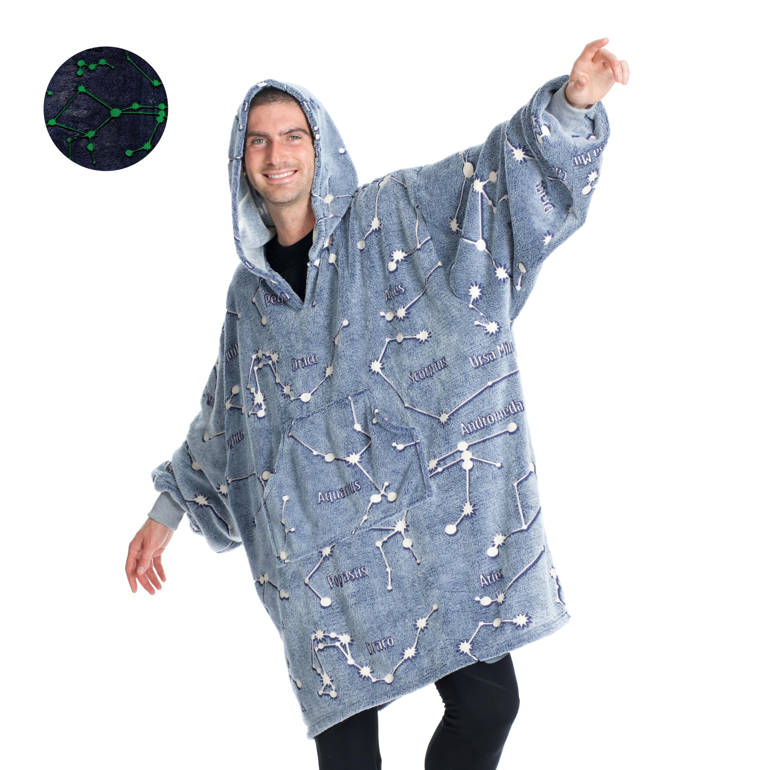 Kanguru Kangurone GLOW Butterflies Hoodie Fleece deken sweatshirt met, Oversized Draagbare Deken Glow in the Dark Vlinders met bonteffect, Grijs, voor Kinderen maat 75x75cm