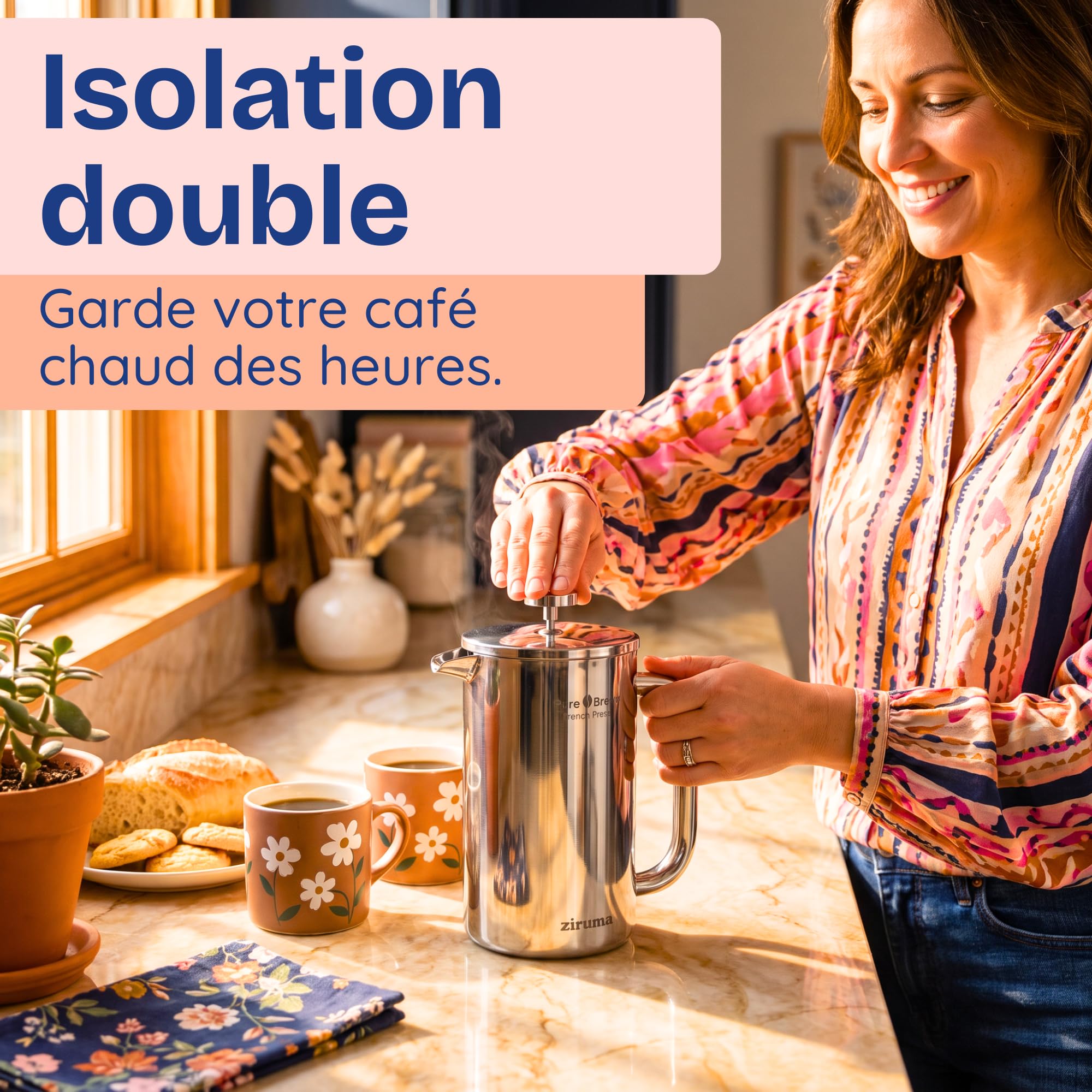 Ziruma Non Toxique Cafetière à Piston, Sans Plastique, Double Paroi, 1L