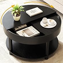 HSH Round Coffee Table, Modern Living Room Table with 2-Tier Storage, 360&deg; Rotating Desktop, Removable Tray, Wood Circle Center Cocktail Table for Living Room, Bedroom, Office, Black Oak, 30.63 Inch