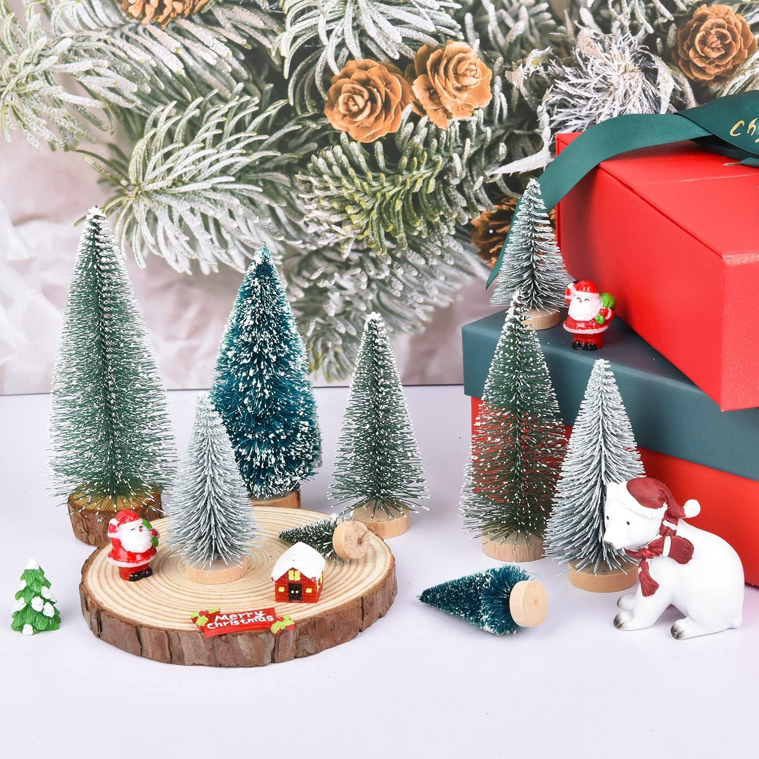 DearHouse 29PCS Artificial Mini Christmas Trees, Mini Pine Tree Sisal Trees with Wood Base Bottle Brush Trees for Christmas Table Top Decor Winter Crafts Ornaments