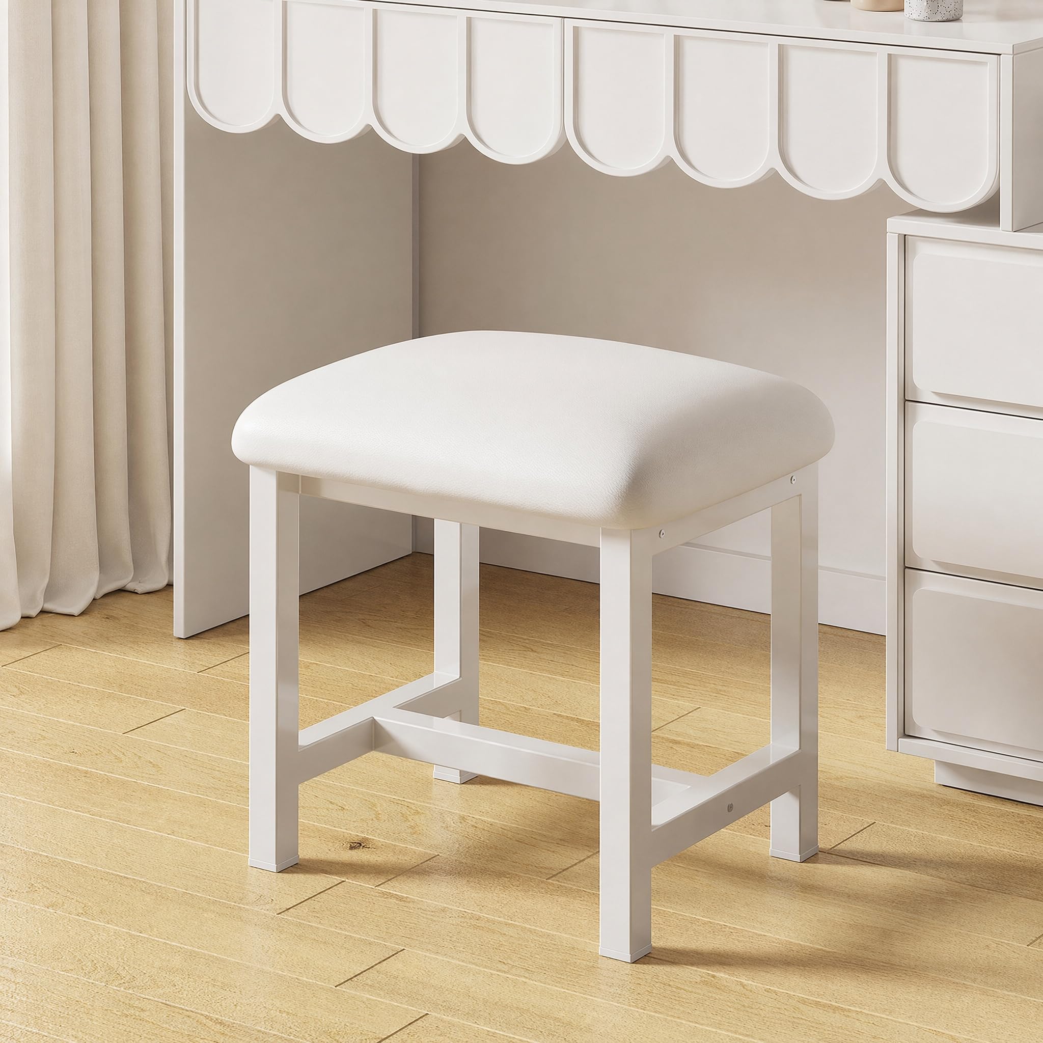 Amazon.com: WBKATN White Vanity Stool, Small Vanity Chair, Cute Makeup Bench  Seat with Leather Cushioned, Desk Stools for Bedroom, Bathroom, Entryway,  Living Room, Office : Home & Kitchen