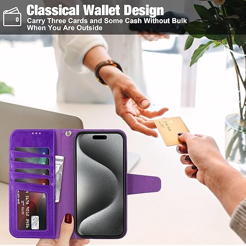 Miniatura 73 de Arae Compatible with iPhone 15 Case with Card Holder and Wrist Strap Wallet Flip Cover for iPhone 15 6.1 inch,Wine Red