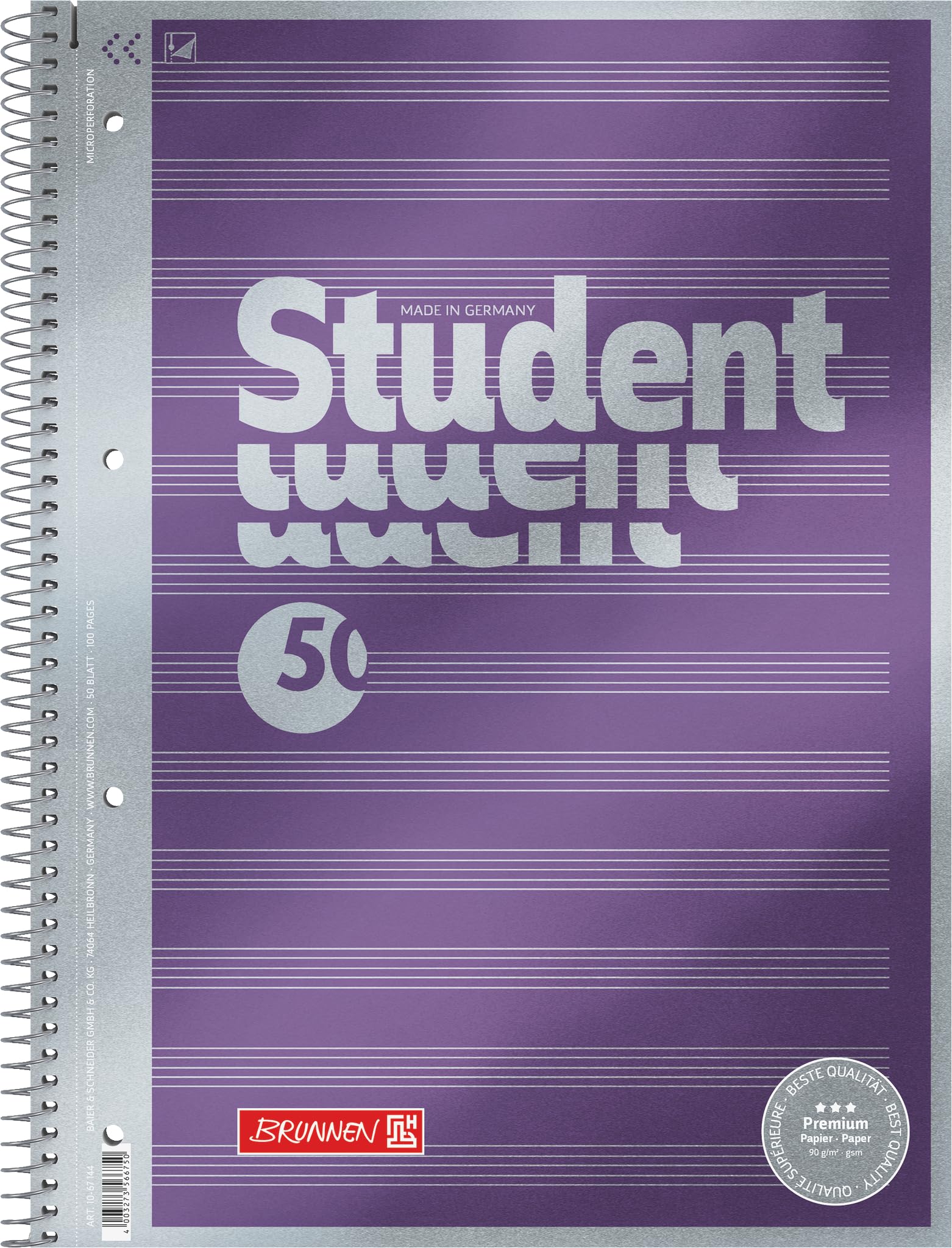 BRUNNEN Collegeblock Premium Student „Noten“ | A4, Lineatur 14, 50 Blatt, violett