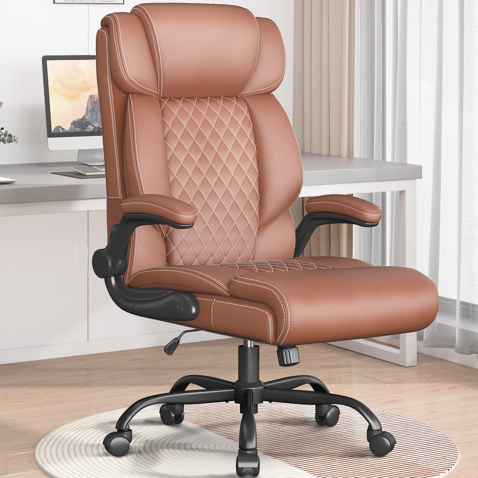Office Chair Ergonomic Big and Tall Executive Desk Chair Breathable Leather Chair with Adjustable Flip-up Armrests Lumbar Support