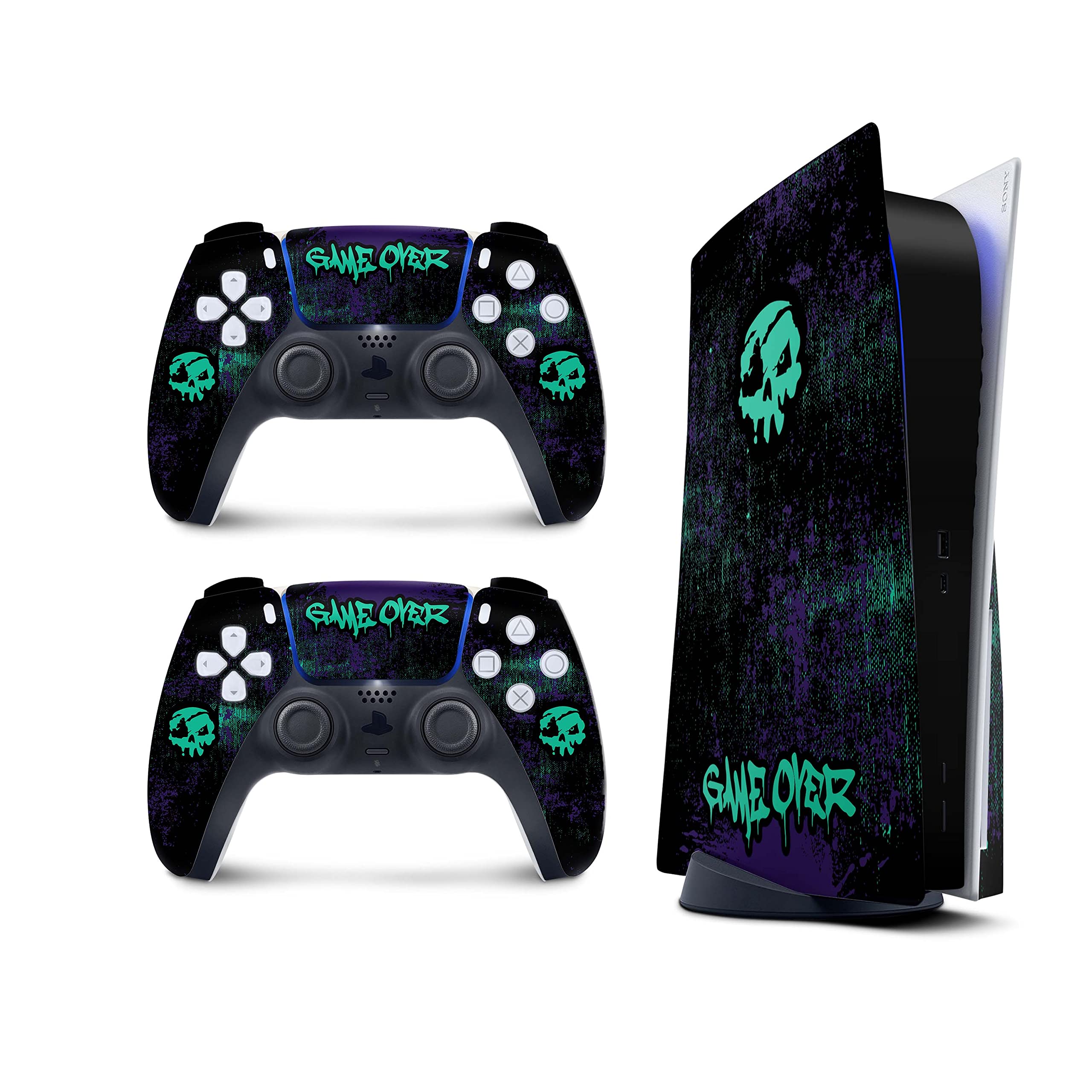 PS5 Game Over Skin for PlayStation 5 Console and 2 Controllers, Black Skulls Skin Vinyl 3M Decal Stickers Full wrap Cover (Disk Edition)