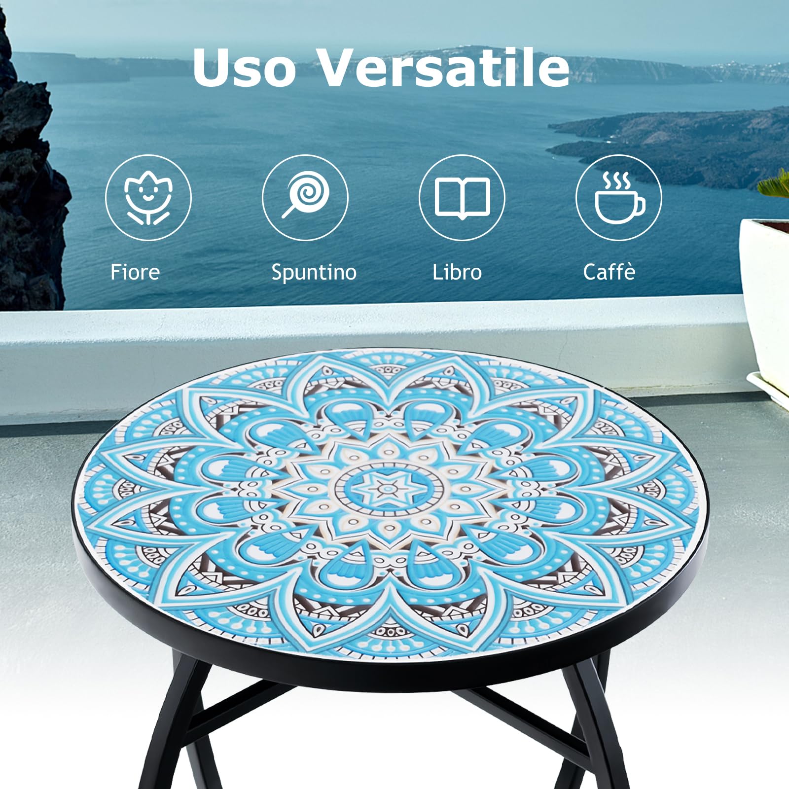 GYMAX Tavolino da Giardino Mosaico in Metallo, Tavolino da Esterno Rotondo, Sgabello per Fiori in Ceramica per Giardino, Balcone, Cortile e Bar, ∅35 x 54,5 cm