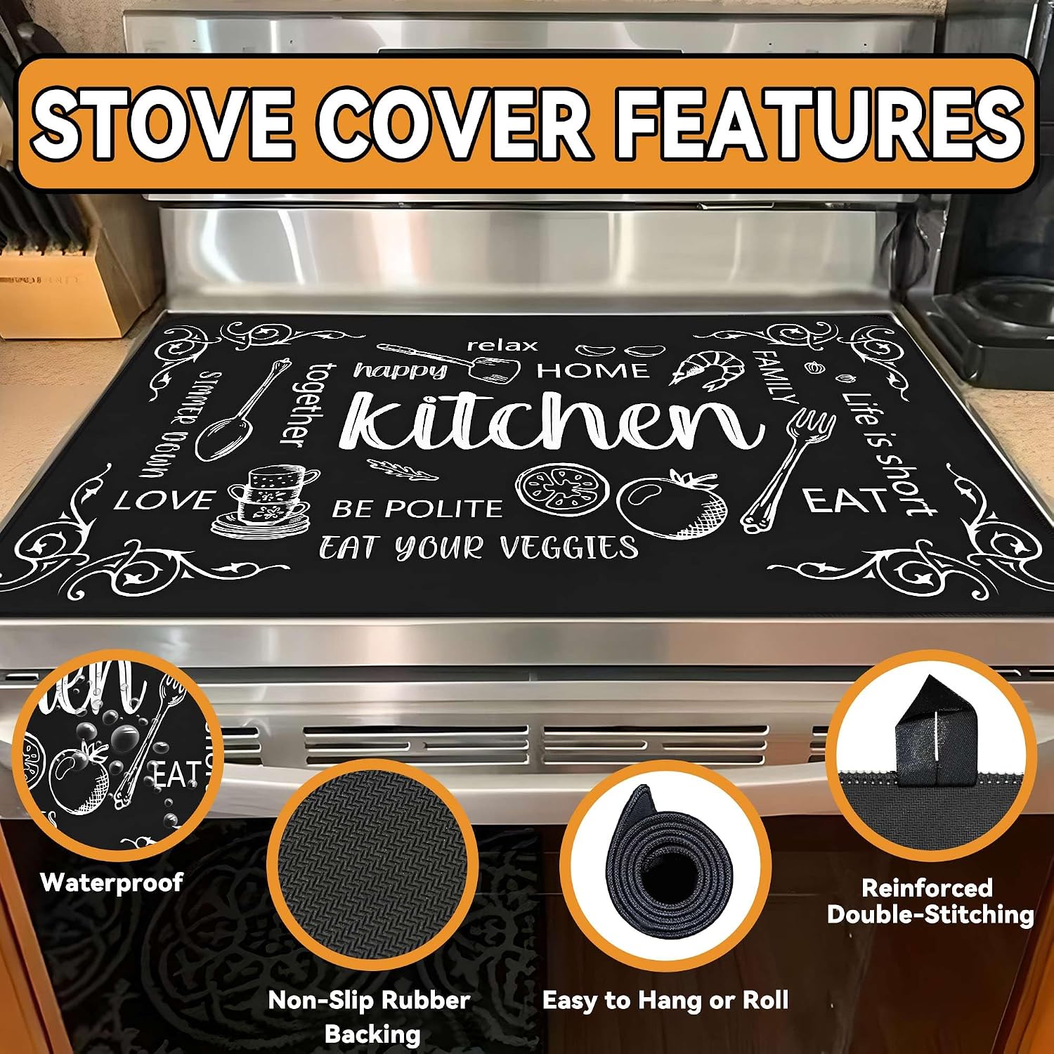 Decorative Stove Top Covers for Electric Stove 28"x20" – Heat Resistant Glass Cooktop Protector Dish Drying Mat – Non-Slip Rubber Backing Washer Top Cover Waterproof Extra Counter Space (Kitchen 3) image 5
