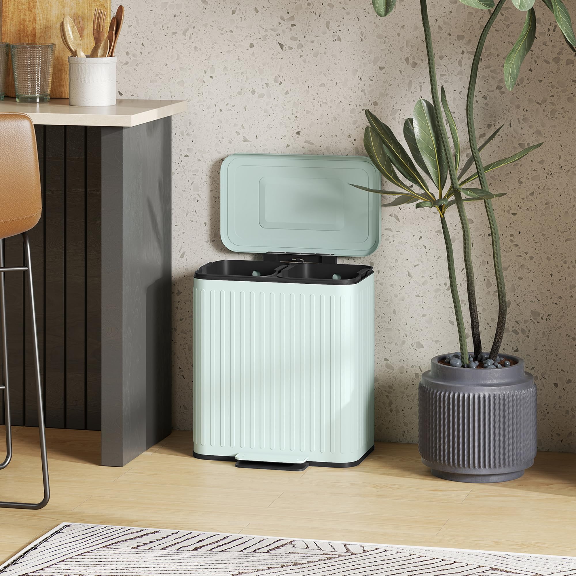 HOMCOM Cubo cocina doble 2x20L, antihuellas, tapa cierre suave, verde | Cubo doble para reciclaje y residuos, cubos interiores extraíbles, bolsas de basura