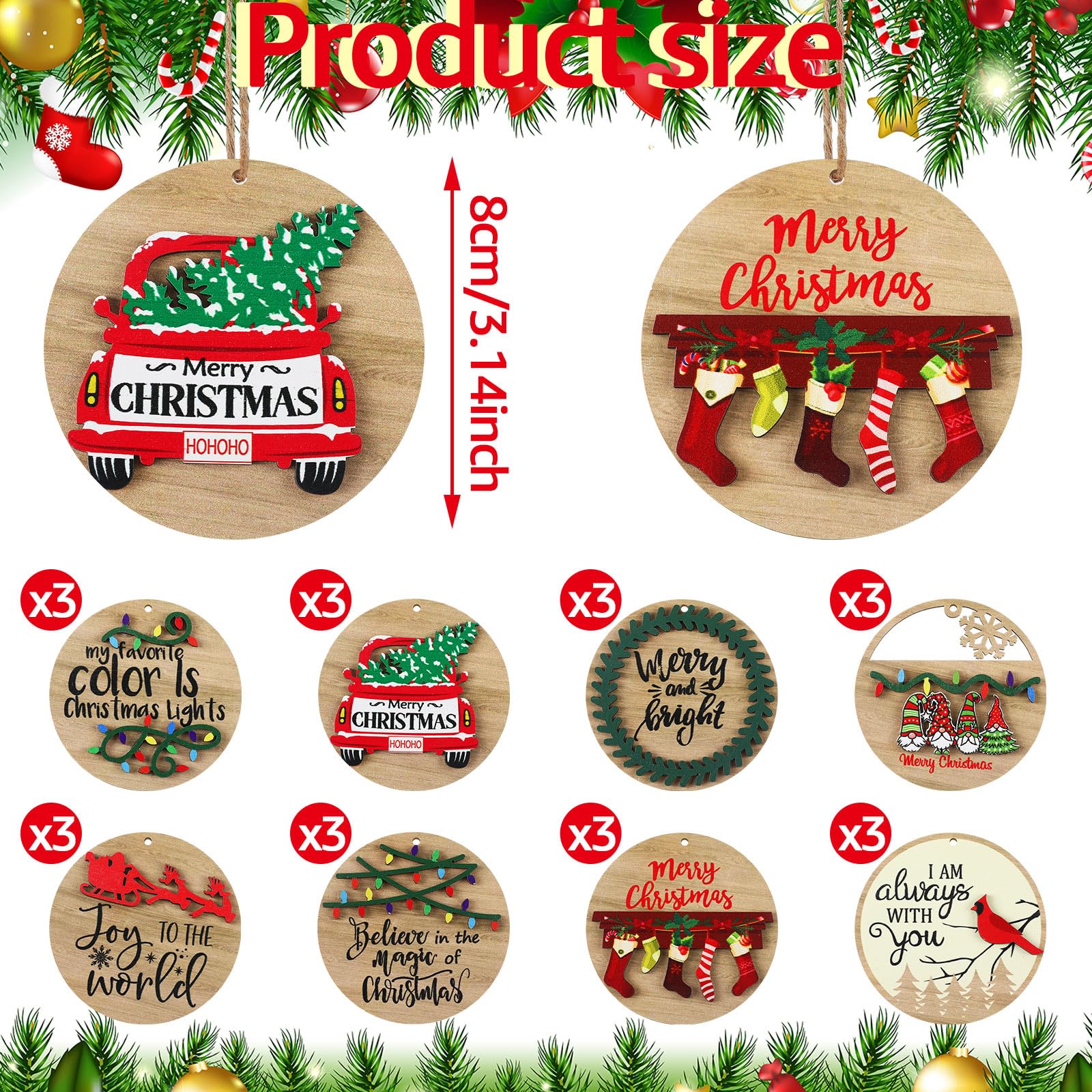 Huwena 24 adornos colgantes de madera 3D de Navidad, adornos de gnomo cardenal para decoración de casa de campo, redondos, camiones, coronas de Navidad, manualidades para decoración del hogar