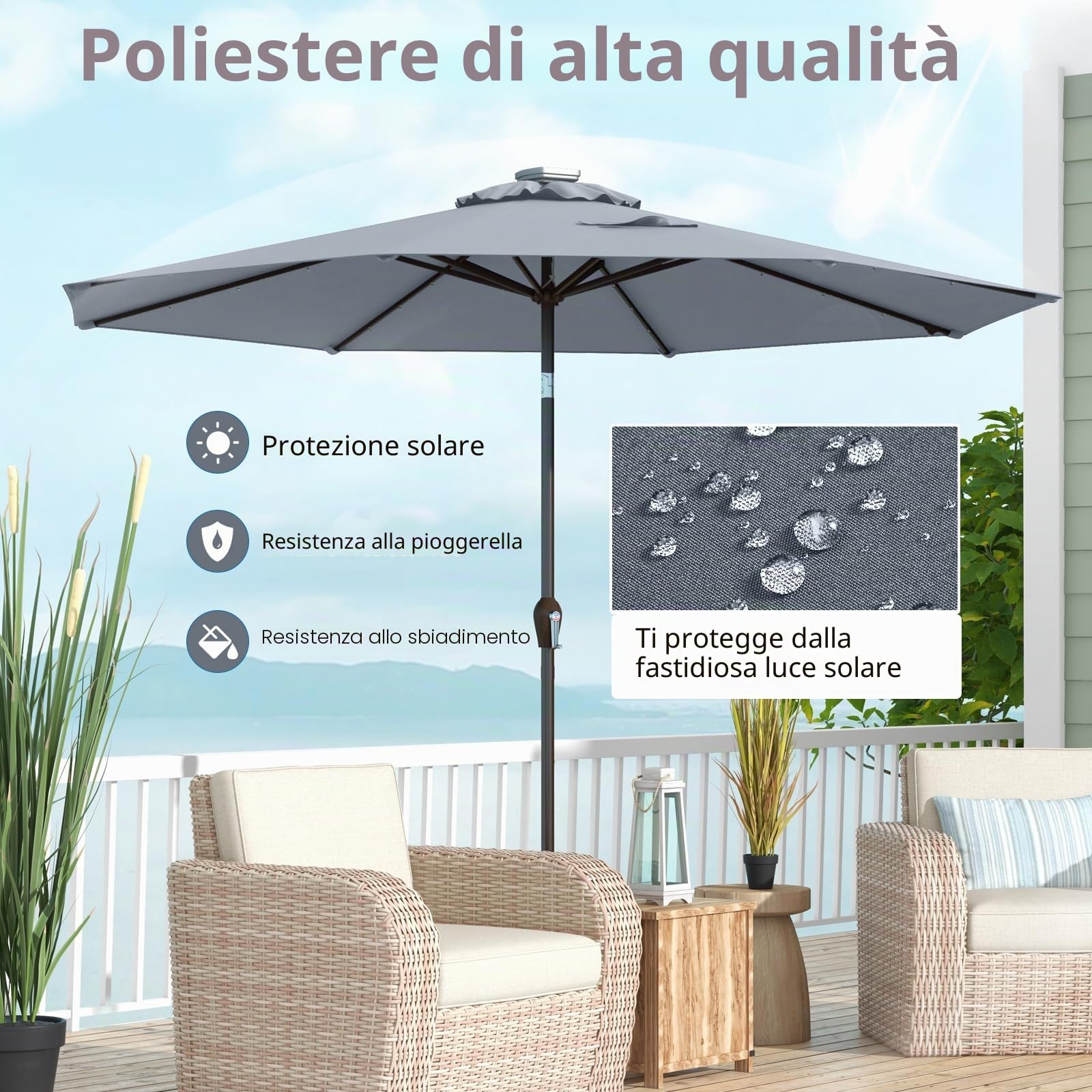 KOMFOTTEU Ombrellone da Giardino 3m, con Luci LED e Manovella, Ombrellone da Balcone Inclinabile Protezione UV, Ombrellone Parasole da Cortile con 8 Osse, per Terrazza, Spiaggia, Piscina