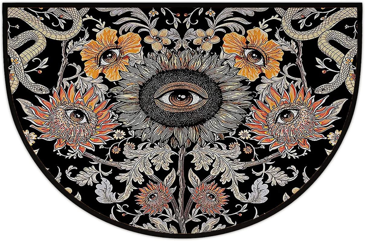 Psychedelic Sunflower Trippy Floral Evil Eyes Half Round Door Mat Outdoor Entrance,for Outside Entry 18x30 in Wear Resistant Semi Circle Floor Mats Area Rugs for Balcony Kitchen