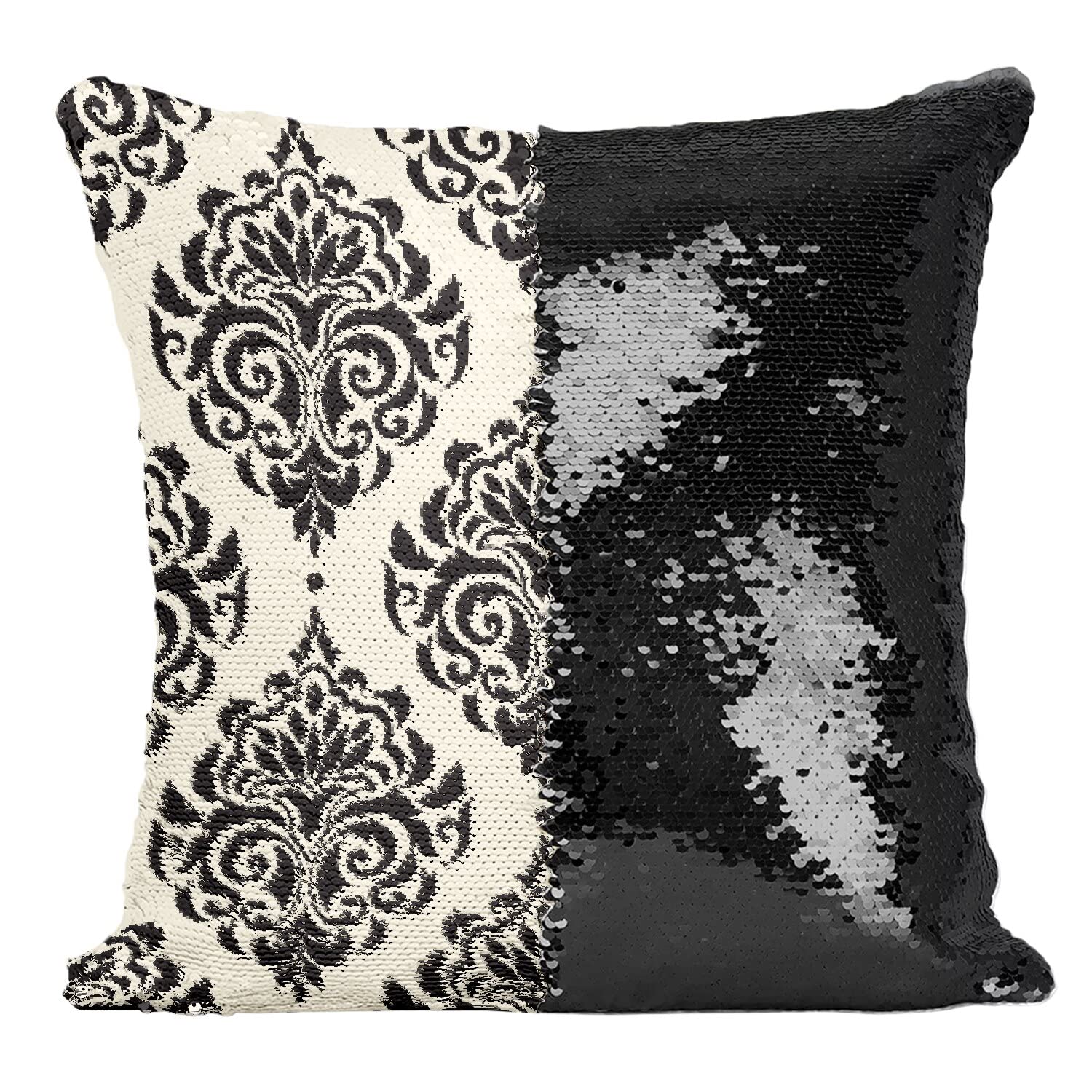 Coussin sequin noir motif damas au style tapisserie de luxe vintage ancien