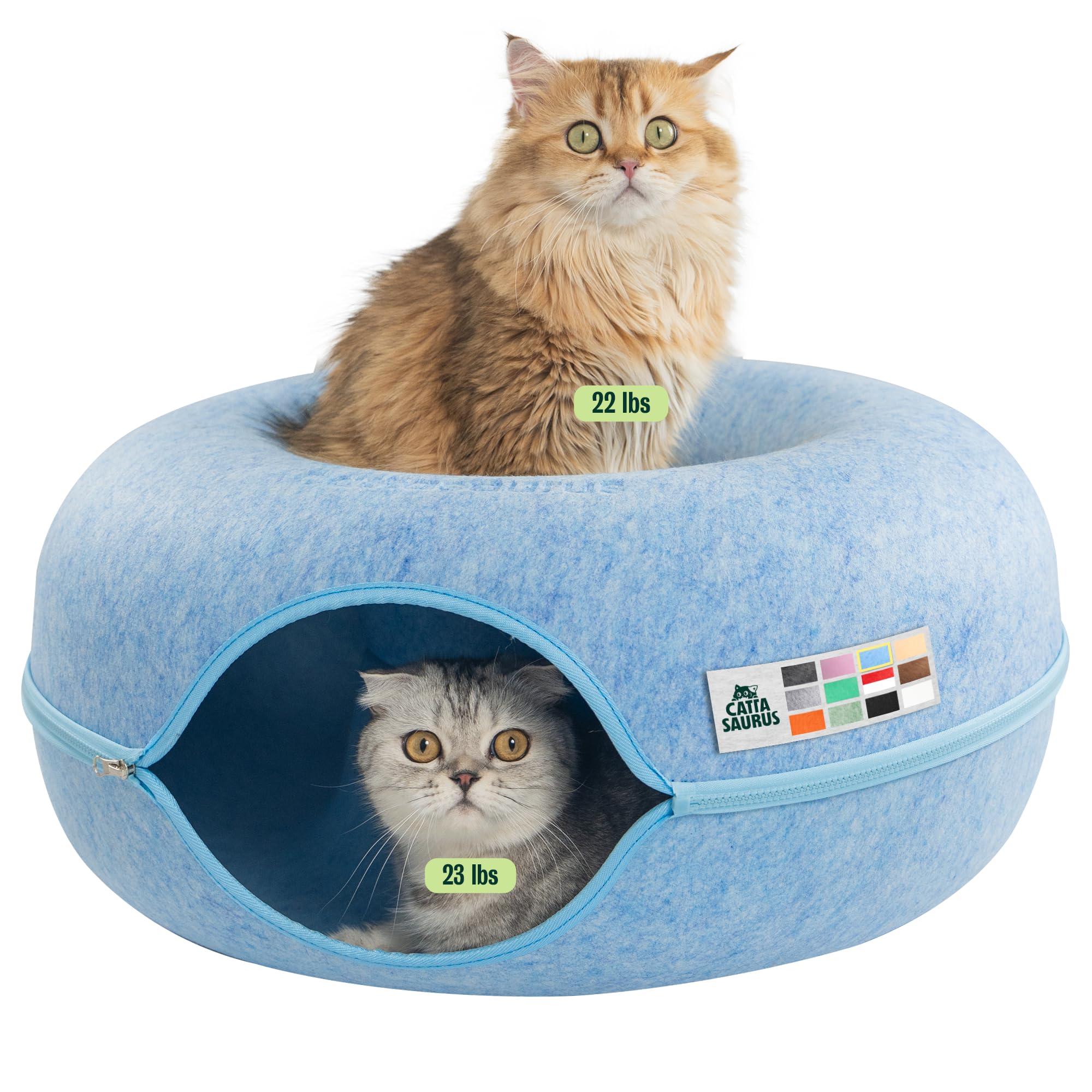 Cattasaurus Peekaboo Cat Cave for Multiple & Large Cats Up to 30 Lbs, Indoor Cat Tunnel Bed, Scratch Detachable & Washable Large Donut Bed (Blue)