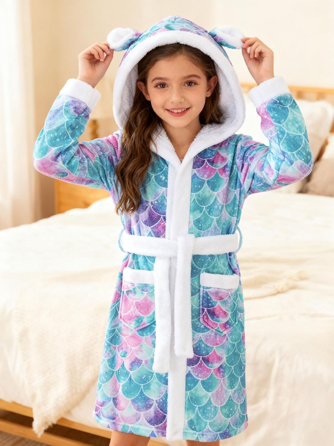 Funnycokid Girls Robes Kids Hooded Bathrobe Soft Fleece Pajamas Plush Flannel Sleepwear 4-14 Years - Image 3