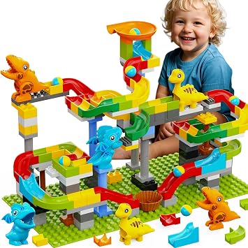 Dinosaur Marble Run Building Blocks, 148PCS Compatible with LEGO DUPLO Marble Runs for Kids 4-8, Montessori Educational Learning STEM Toys, Dinosaur Toys for Kids 3-5, Toddler Toys for Age 3+, Gift