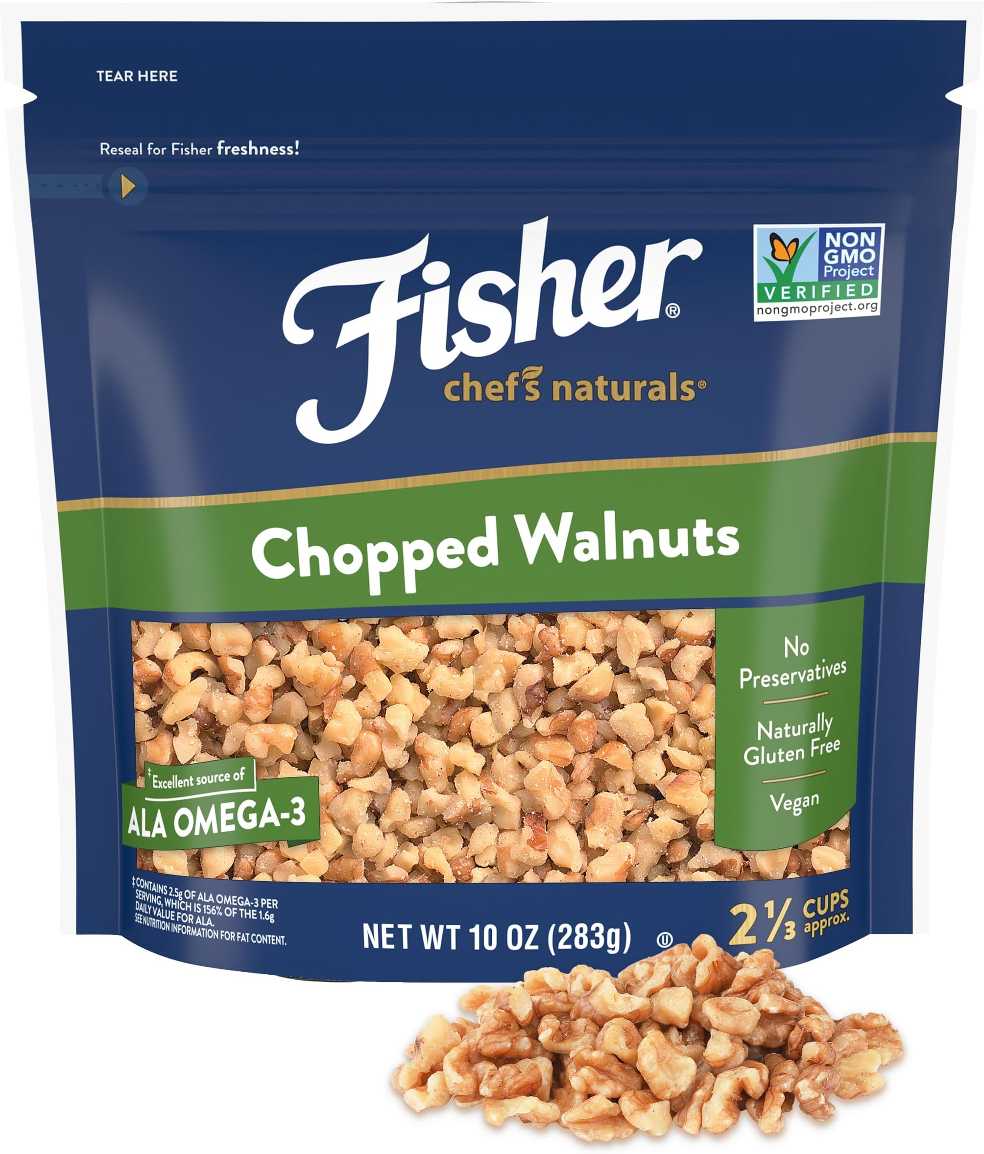 Fisher Chef's Naturals Chopped Walnuts 10 oz, 100% California Unsalted Walnuts for Baking & Cooking, Healthy Snacks for Adults, Resealable Bag, Vegan Protein, Keto Snack, Chopped Nuts, Topping
