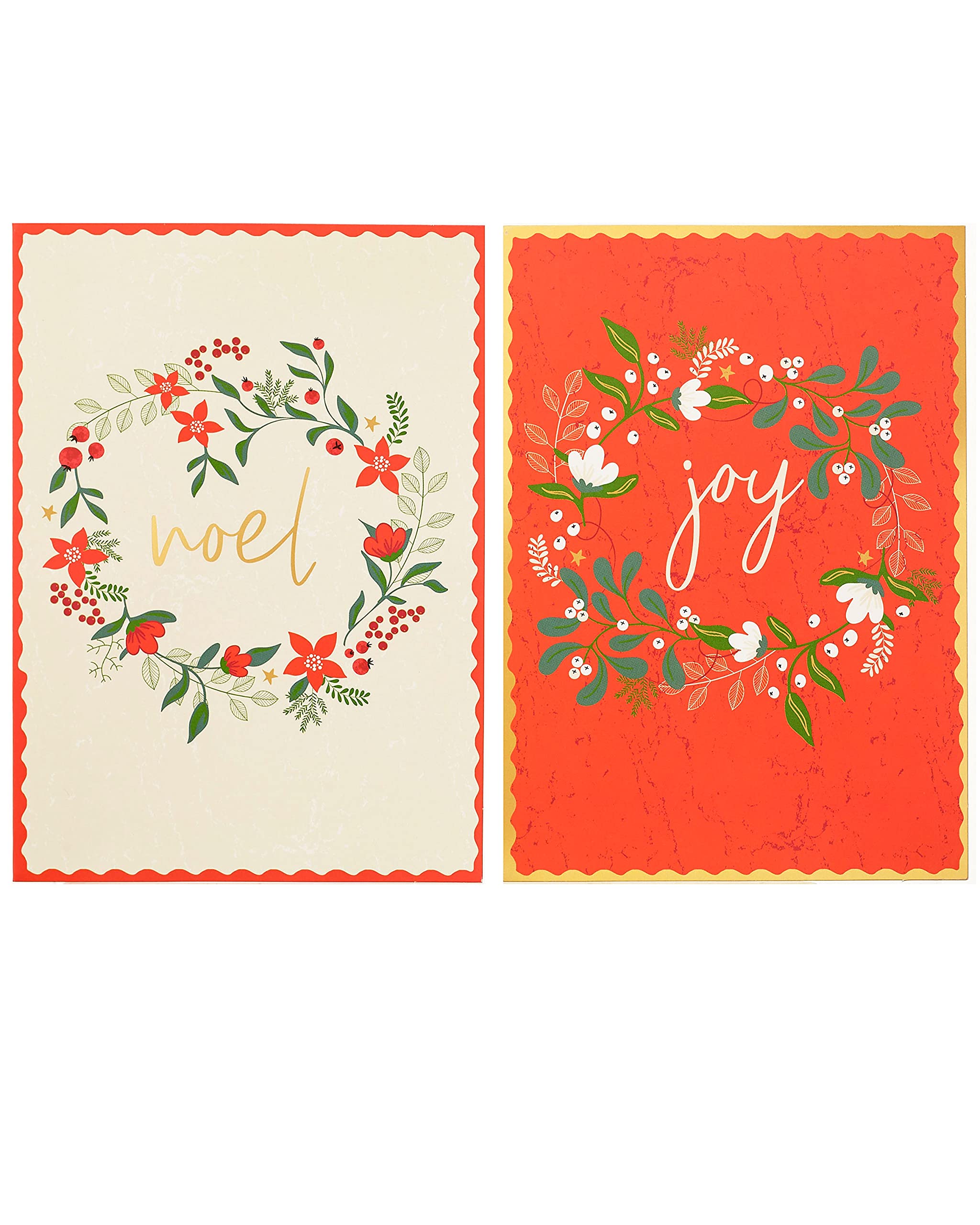 Box Of 12 Festive Floral Wreaths Christmas Cards In 2 Designs Xmas Card Boxes, Red, Cream
