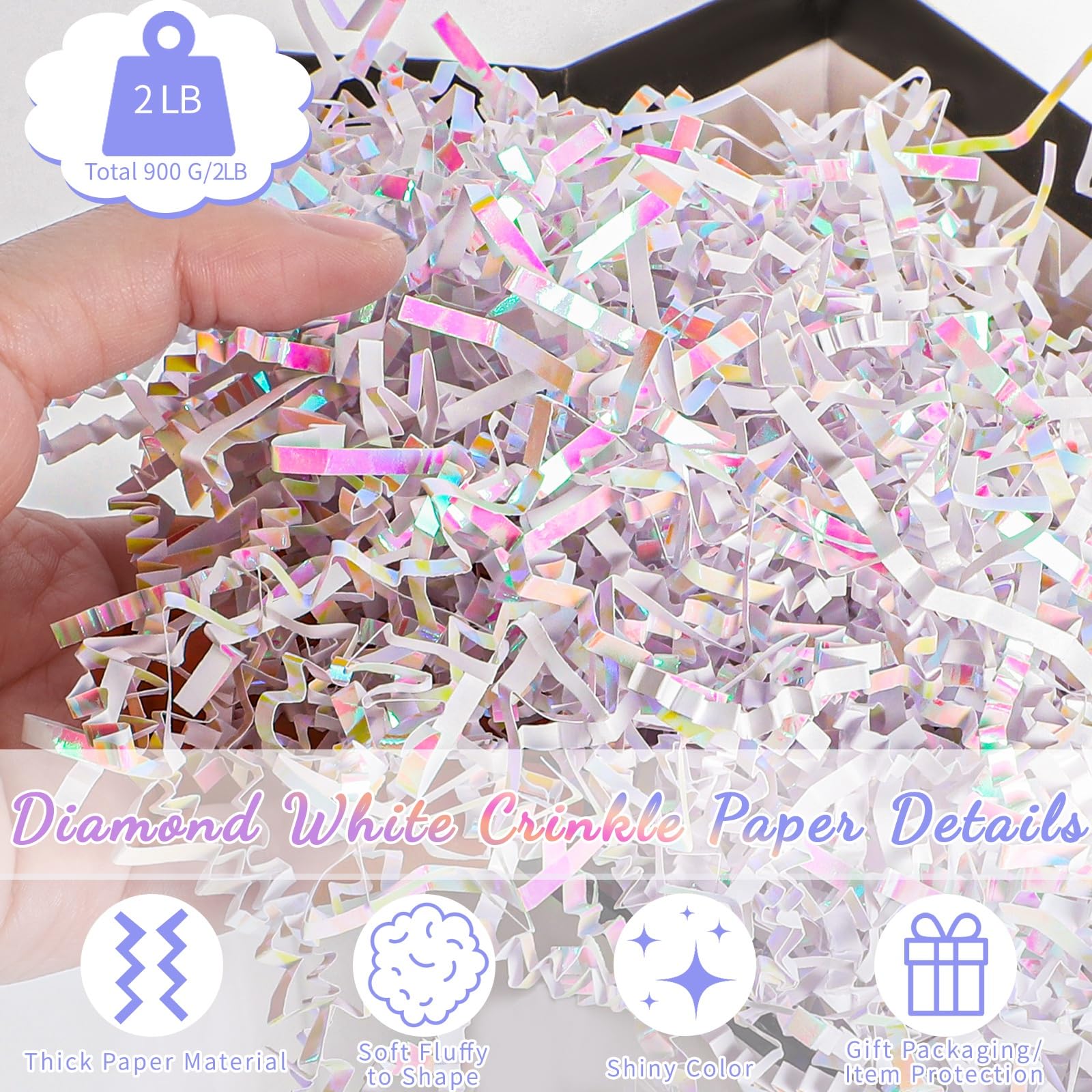 Woric Carta bianca diamantata, 0,9 kg, taglio increspato, per riempire cesti regalo, compleanni, festa della mamma, anniversario di matrimonio, Natale