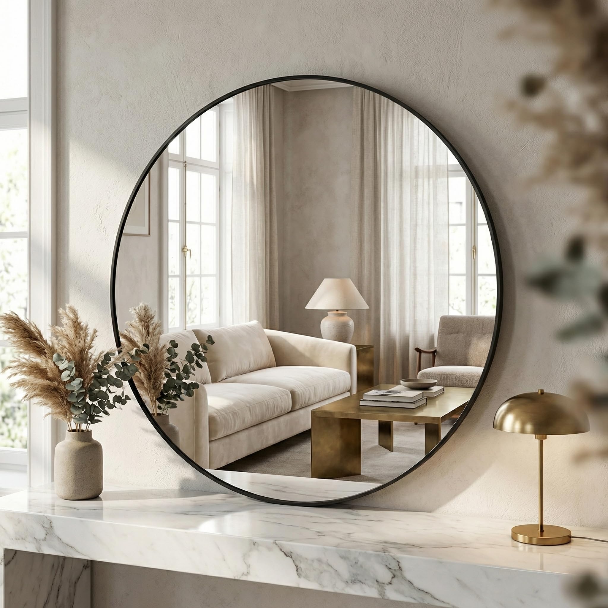 BEAUTYPEAK 106 cm Runder Spiegel, Bruchsicherer Wandspiegel mit Aluminiumrahmen, Badezimmer Spiegel zum Aufhängen und Anlehnen, Rund Wandspiegel für Schlafzimmer, Bad, Wohnzimmer Schwarz