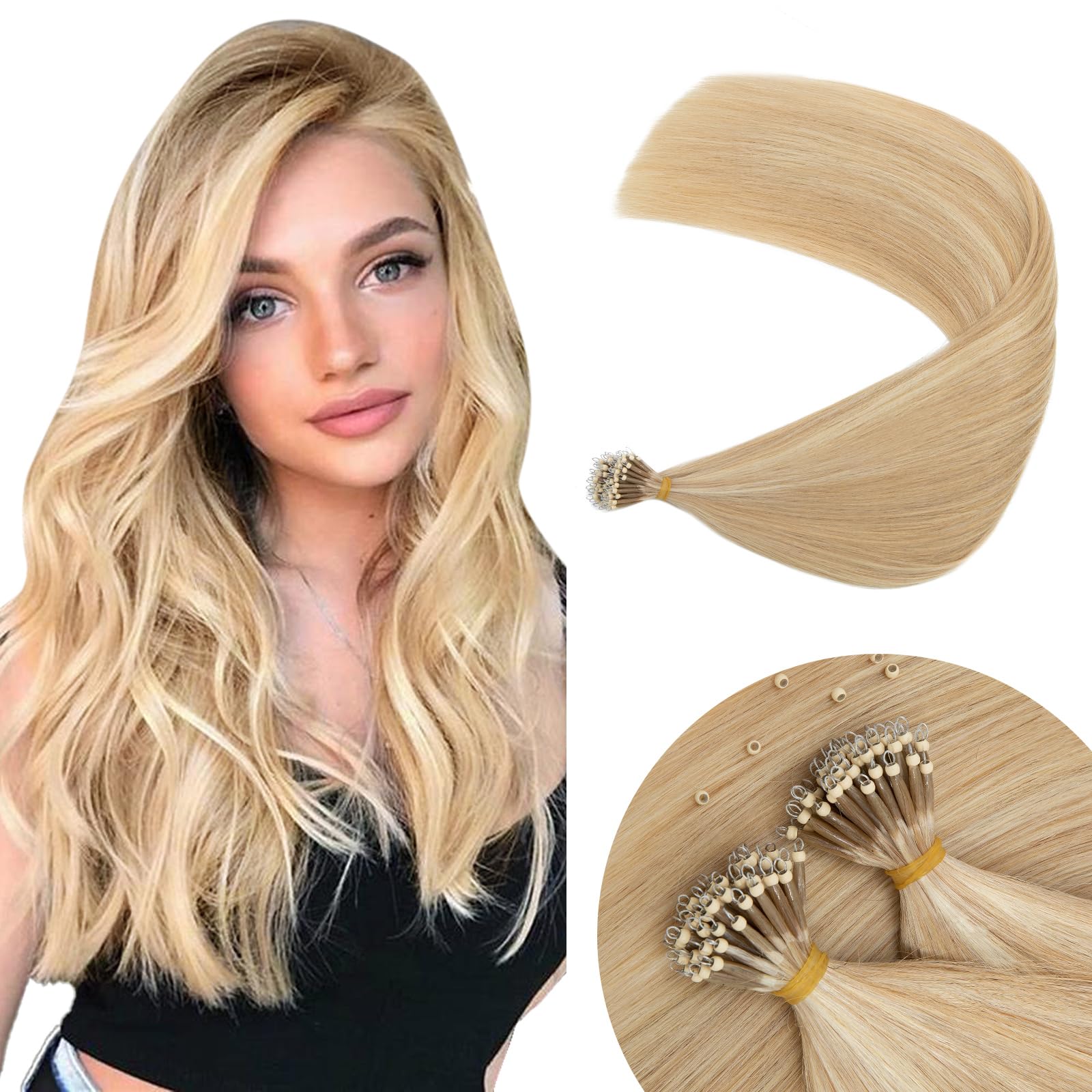 Elailite Nano Beads Extension Real Human Hair 50 Strands 50g Cold Fusion With Nano Ring Remy Hair Straight Highlighted (#18/613 Ash Blonde Mix Bleach Blonde