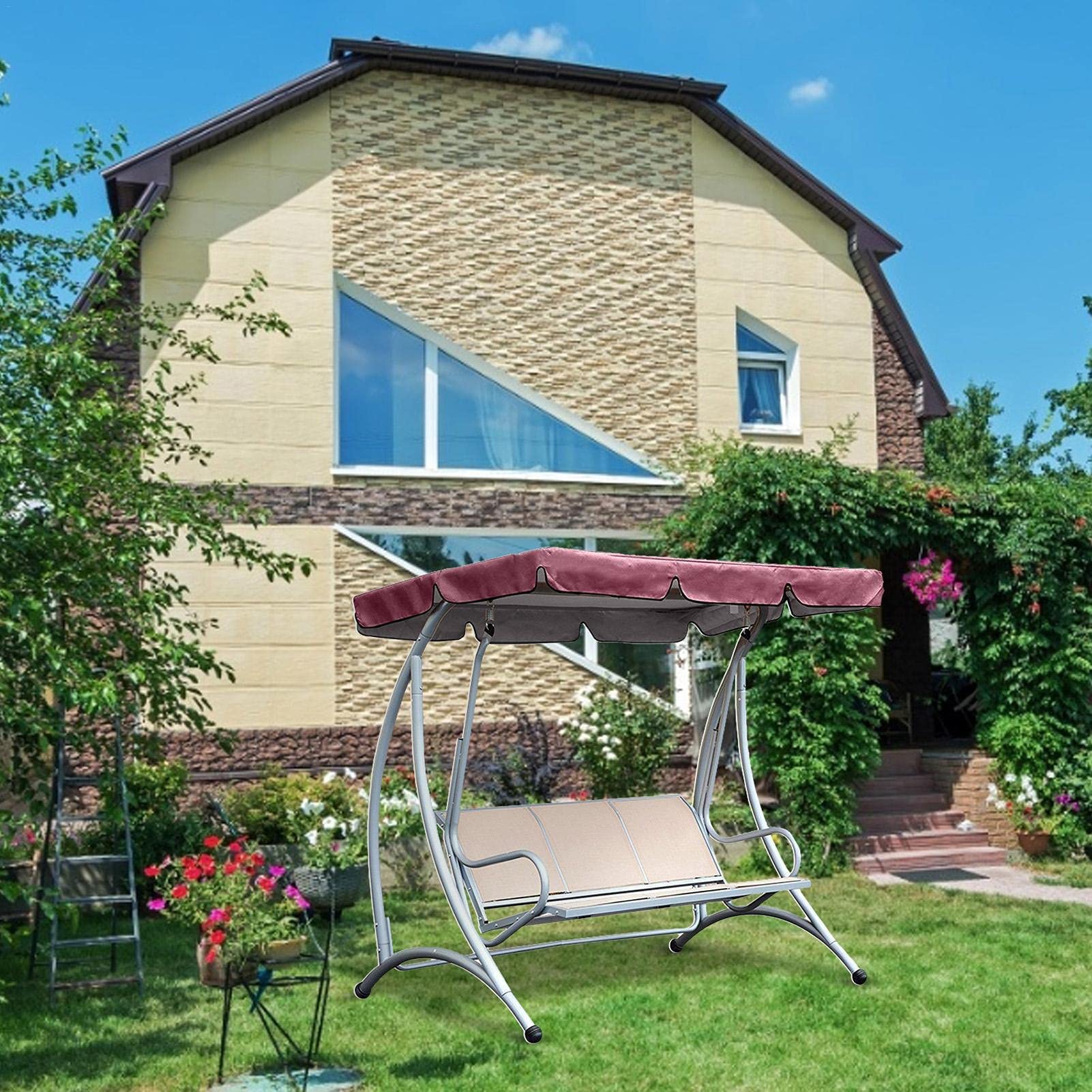 Tettuccio di Ricambio Universale per Dondolo da Giardino A 2-3 Posti, Impermeabile Copertura di Ricambio Altalena da Patio Anti-UV Parasole Tettuccio per Esterno,Wine Red,249x185x18cm