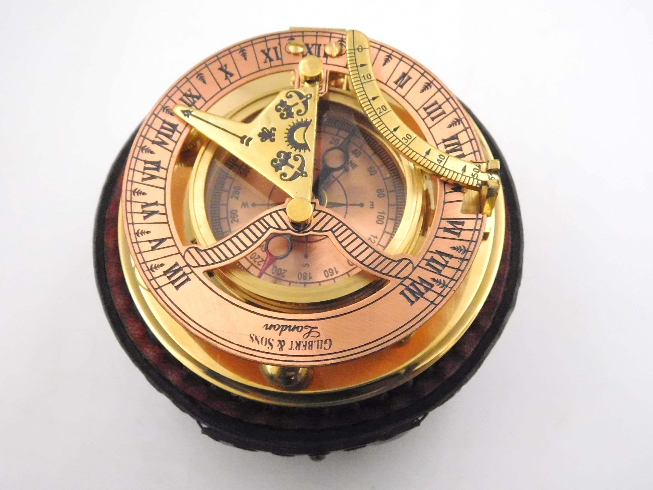 Boussole Sundial en laiton antique avec étui en cuir élégant