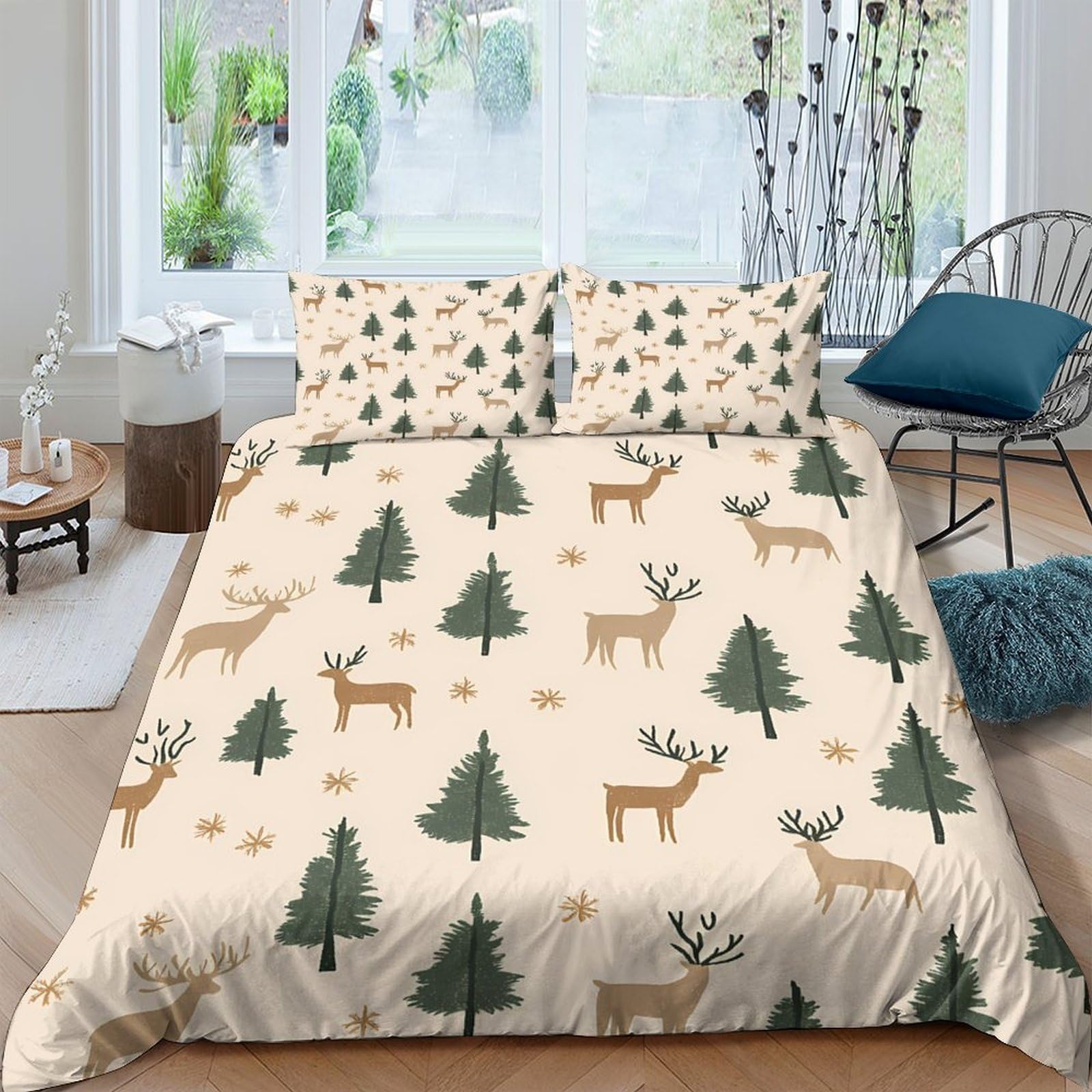 Ctjqhvkz Style-1 3D Printed Forest Deer Fitted Sheet Microfiber Soft Breathable Pine Tree Mattress Cover Bedroom Decor Single（135X200cm）