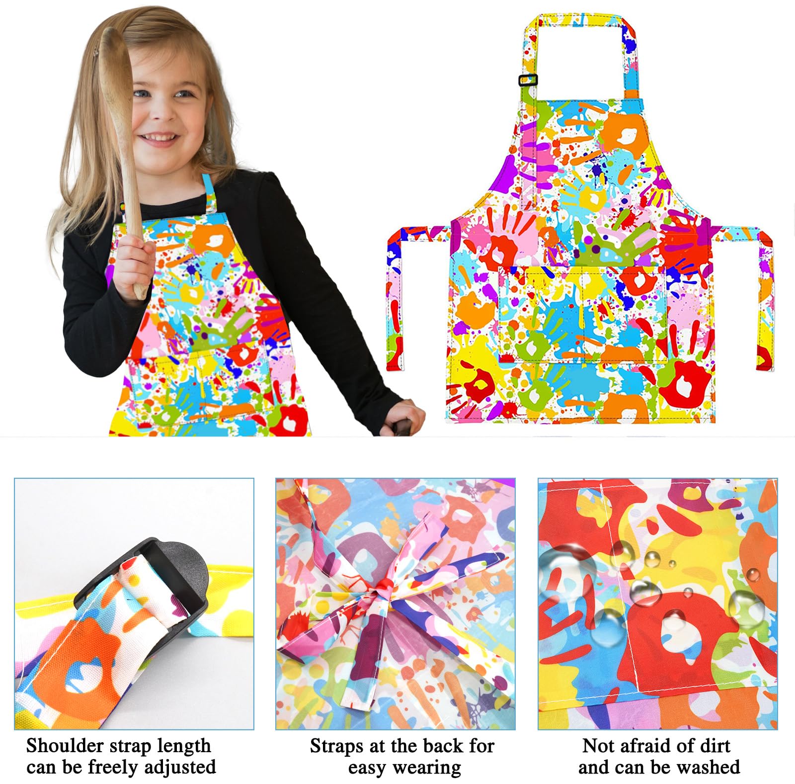 Liutufy Kids Aprons, Adjustable Cartoon Style Apron for Children Cooking Painting Gardening (Orange Handprint) - Image 3