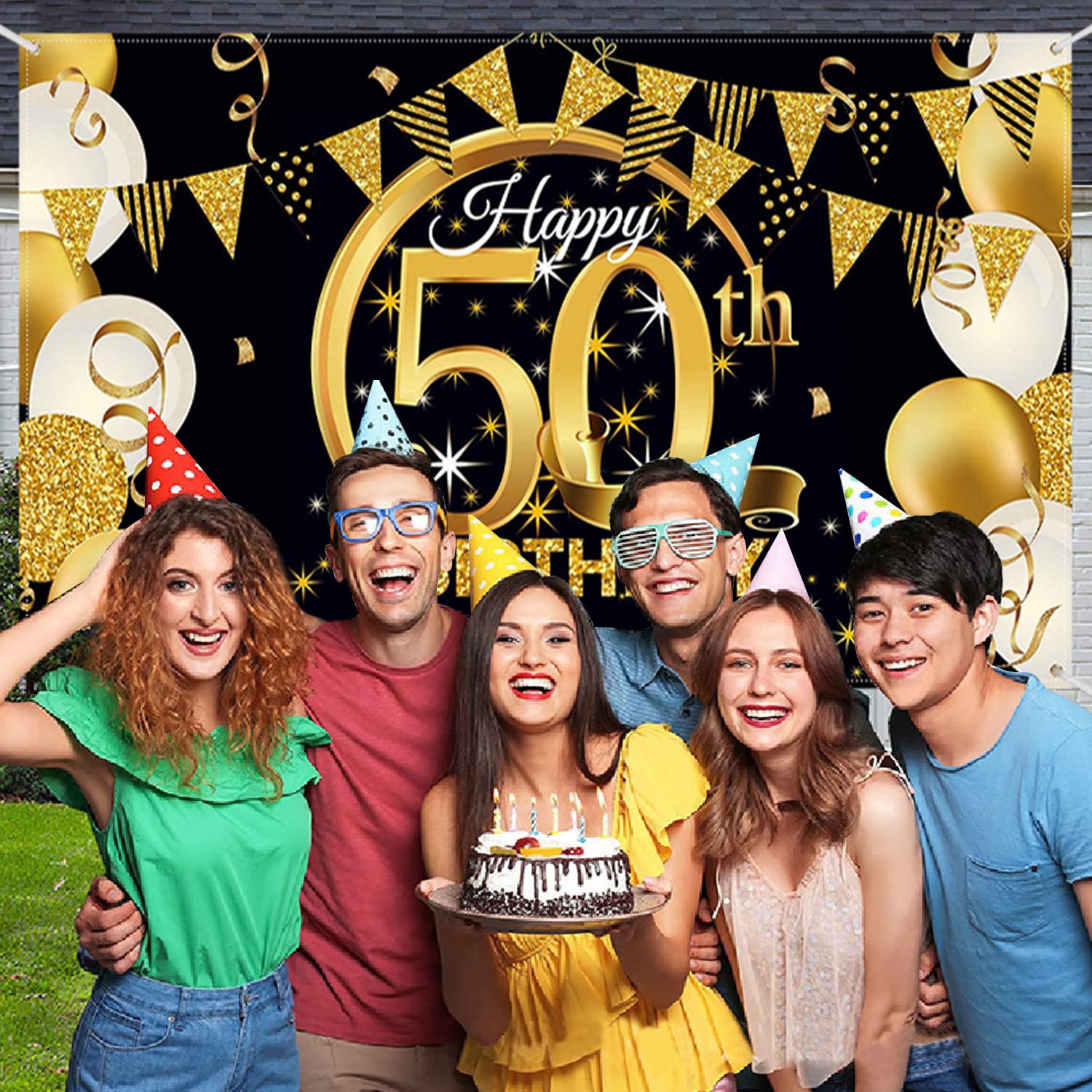 Poster Decorazione Compleanno 180x115 Cm - Sfondo Oro E Nero, Per Feste, Fotografie - Foto 7