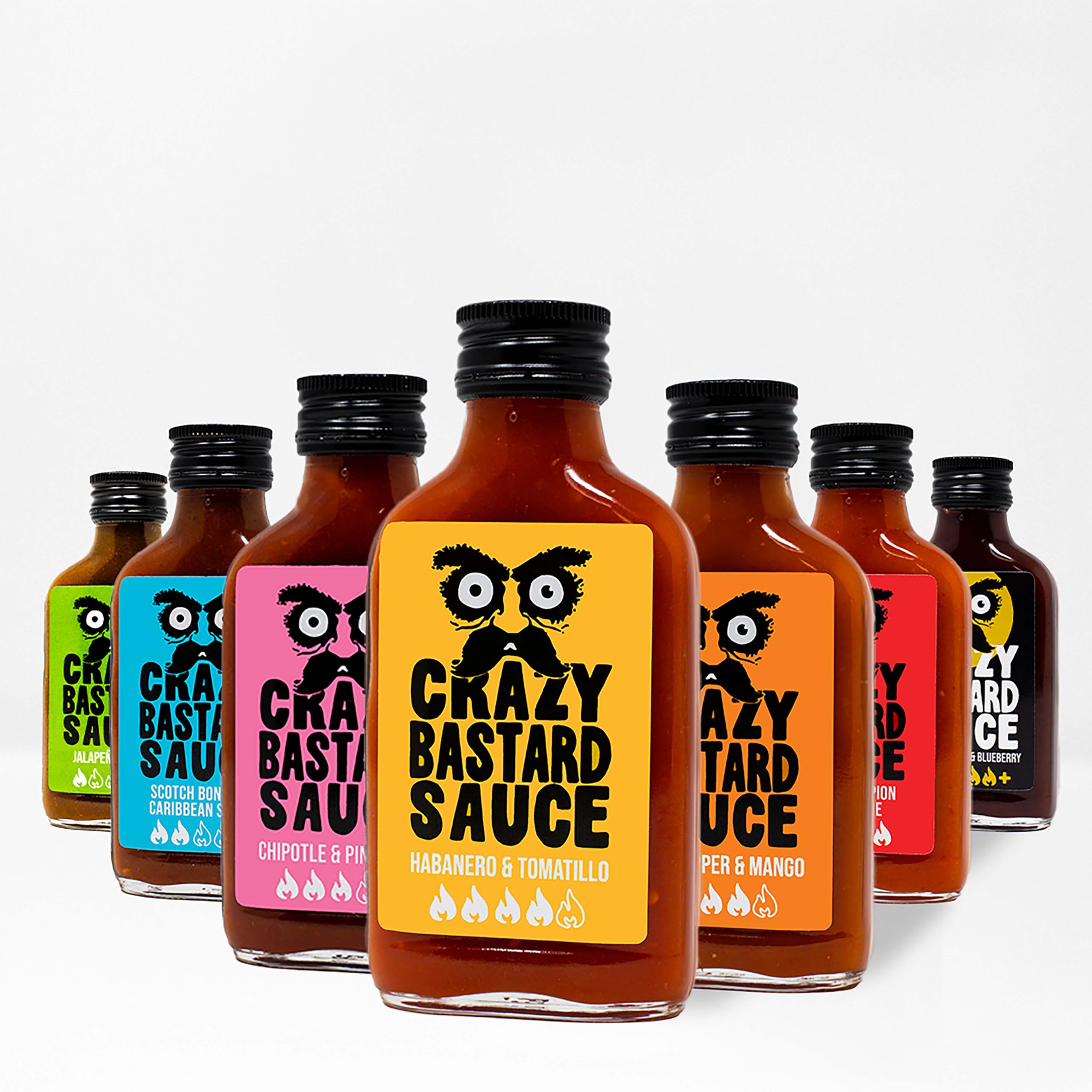 Crazy B Sauce - THE CRAZY SEVEN - 7 HOT SAUCE FUN PACK (7 x 100ml Flasche) - Game Geschenkset für Griller und Chili-Fans