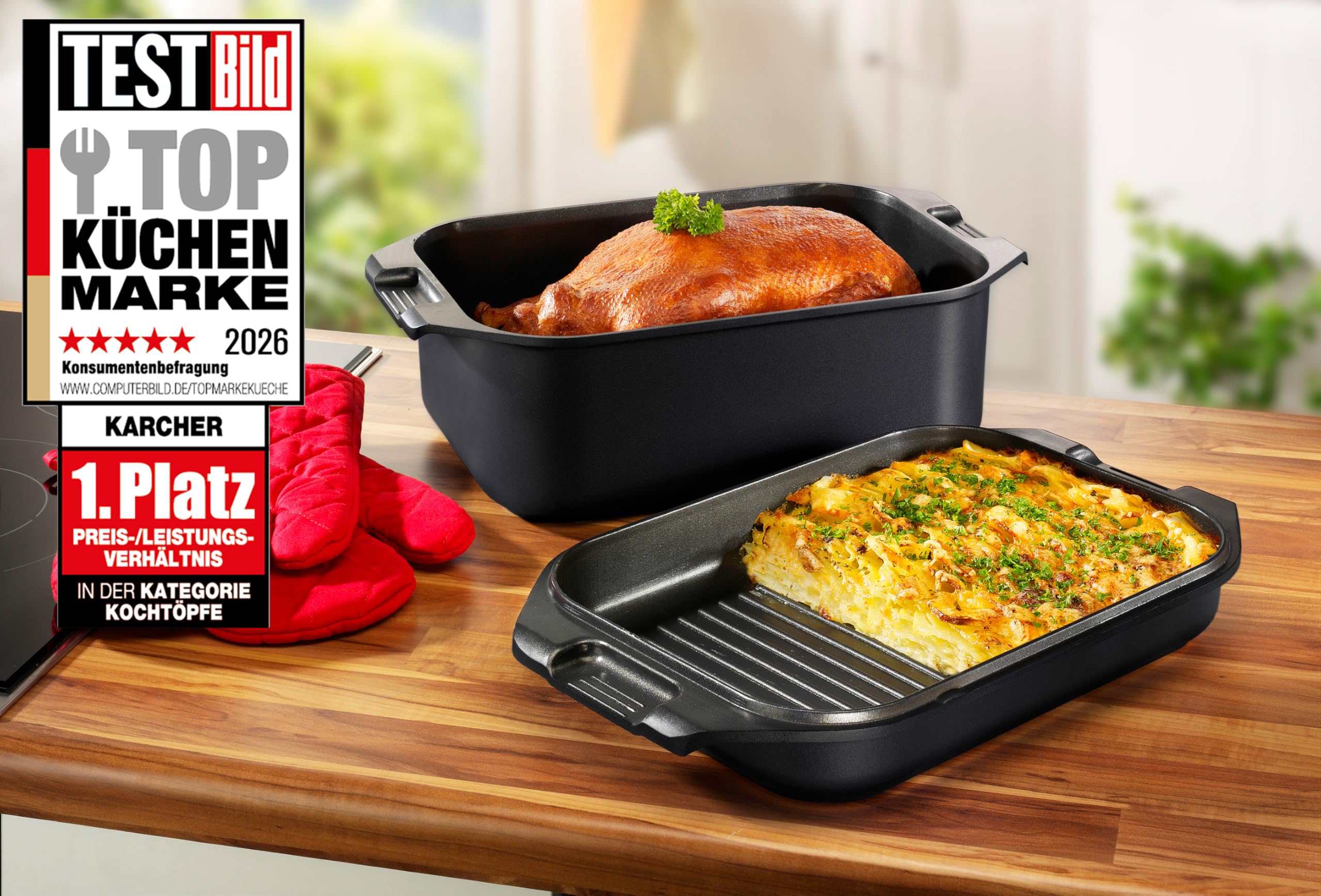 Karcher Induktion Bräter mit Deckel 2in1 (Aluguss, 8,7 Liter, inkl. Topfhandschuhe)