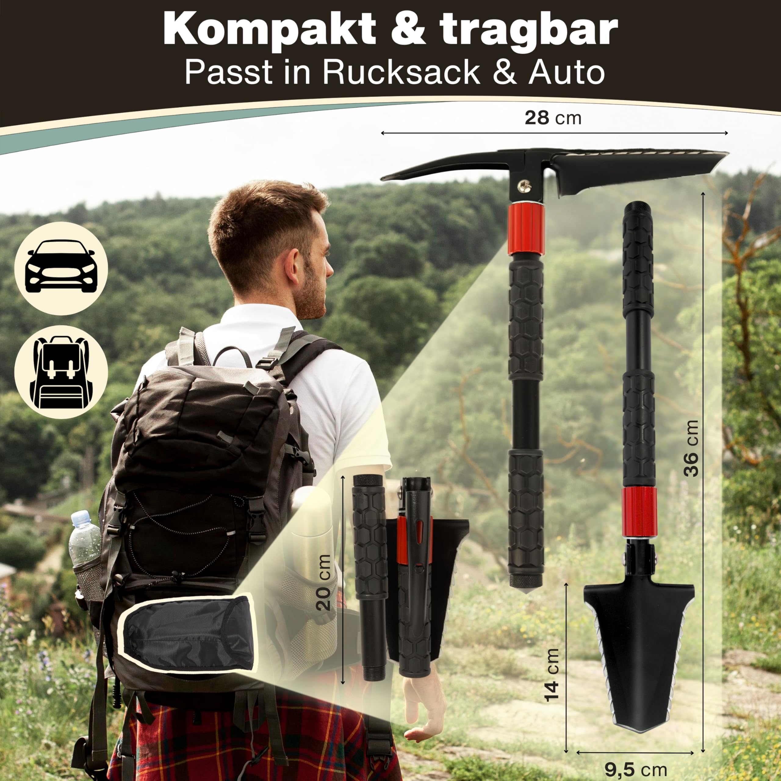 Pala plegable 9 en 1 – Pala plegable de supervivencia con sierra de raíz, acero para fuego y bolsa – Herramienta compacta al aire libre – Regalos para hombres, ideal para camping, bushcraft y