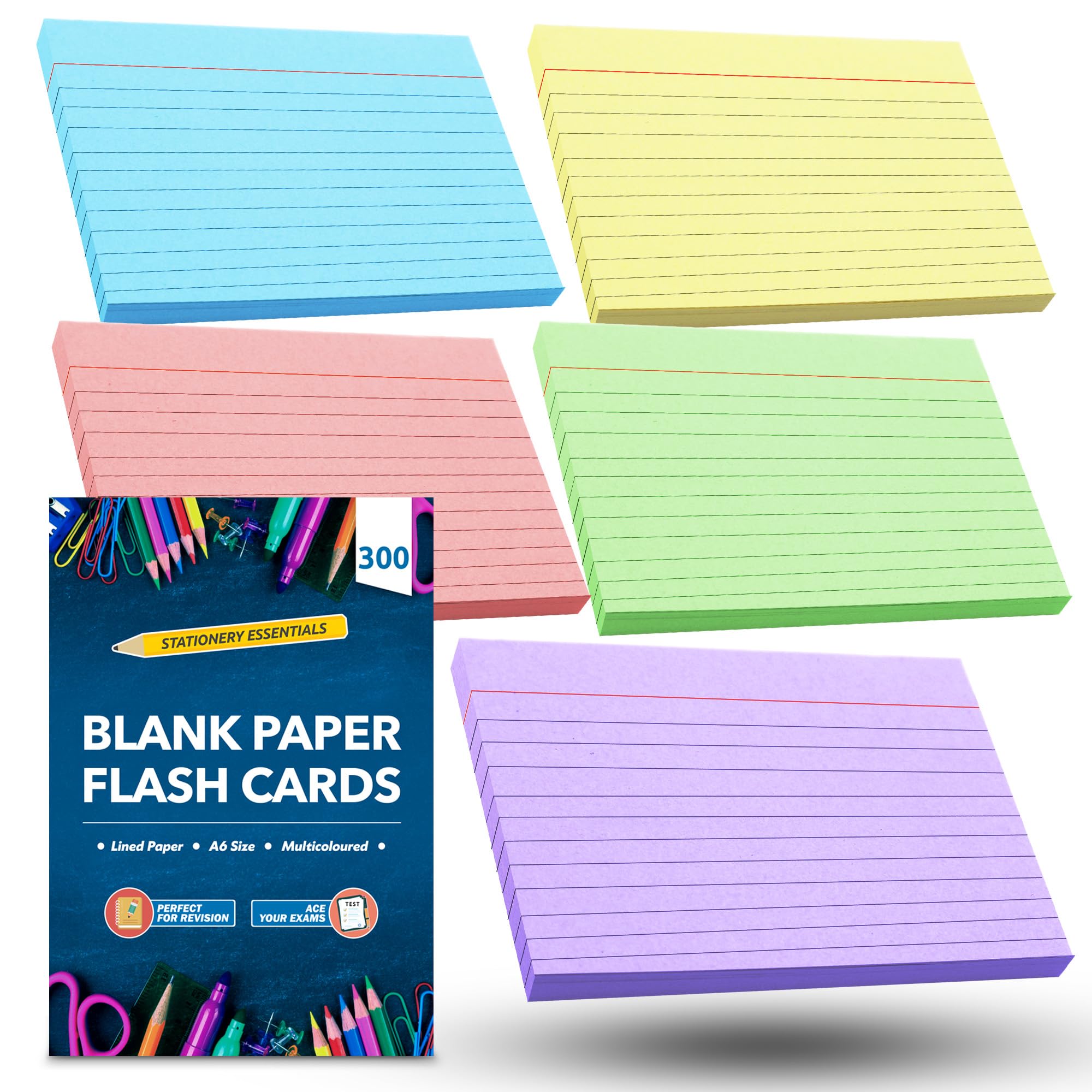 SOL 300pk Lined Paper Flash Cards, A6 Revision Cards for Study & Organisation, Portable Vibrant Coloured Index Cards, Durable & Smooth for Students & Teachers, Blank & Customisable for Writing Notes