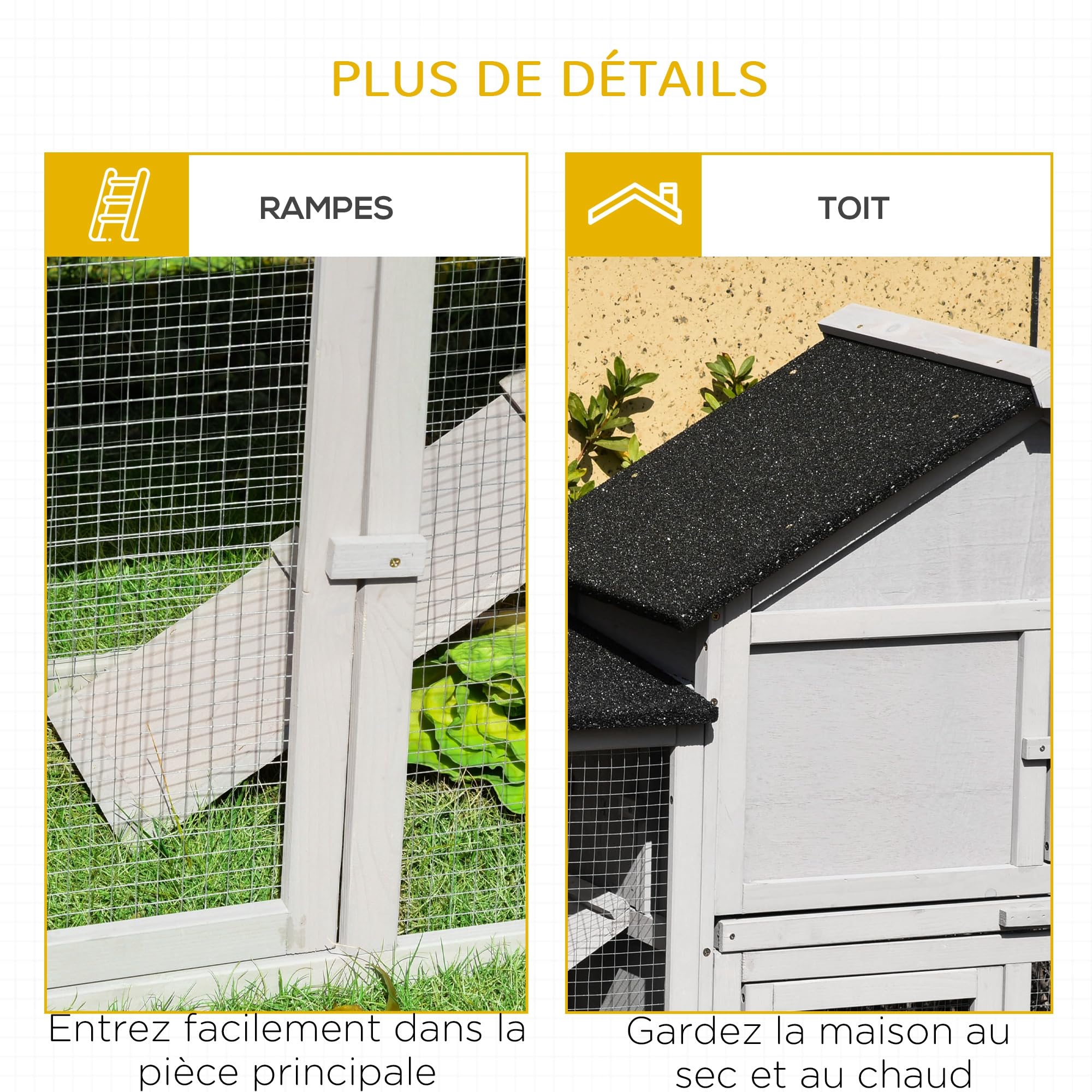 PawHut Conigliera Conigliera per roditori XXL Conigliera per nani 2 piani Tetto in bitume Cassetto integrato per gli escrementi 210L x 45,5l x 84,5H cm Legno massiccio Pino preoliato